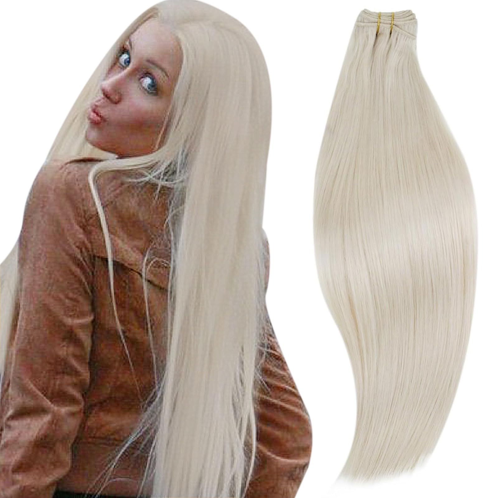 RUNATURE Blonde Weft Hair Extensions Human Hair 22 Inch Straight Weft Human Hair Extensions Ice Blonde Hair Weft Extensions Hand