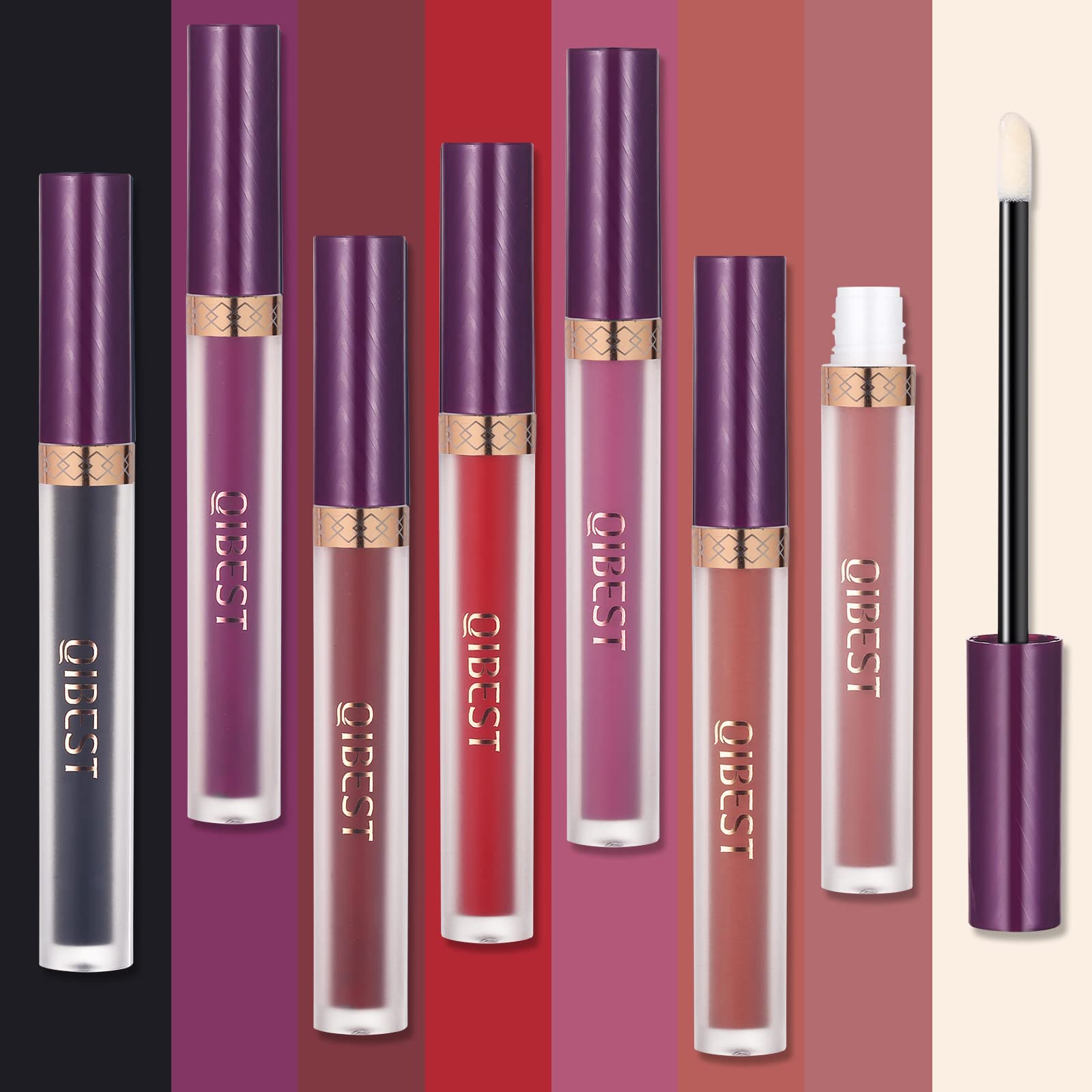 Qibest 7Pcs Matte Liquid Lipstick Wiith 1Pcs Lip Plumper Makeup Set, Waterproof Lip Gloss Sets Kit Pigmented Long Lasting Velvet