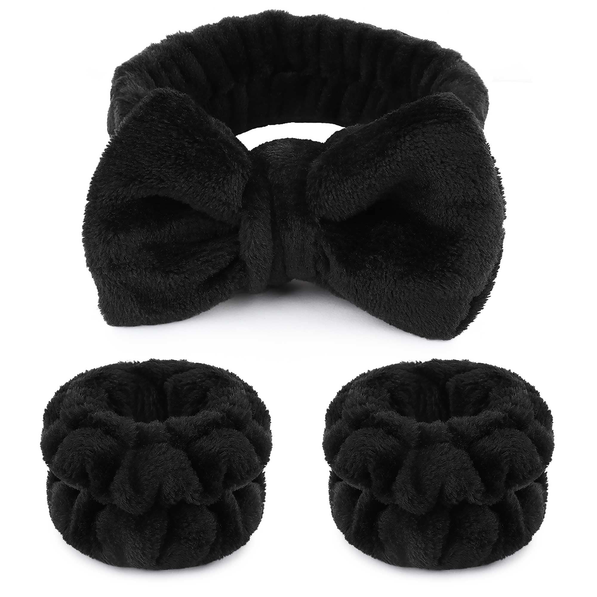 WSYUB Makeup Headbands, 1pcs Black Spa Headband Fluffy Bow Tie Headband Microfiber Face Headband, and 2Pcs Wrist Spa Wash Band A
