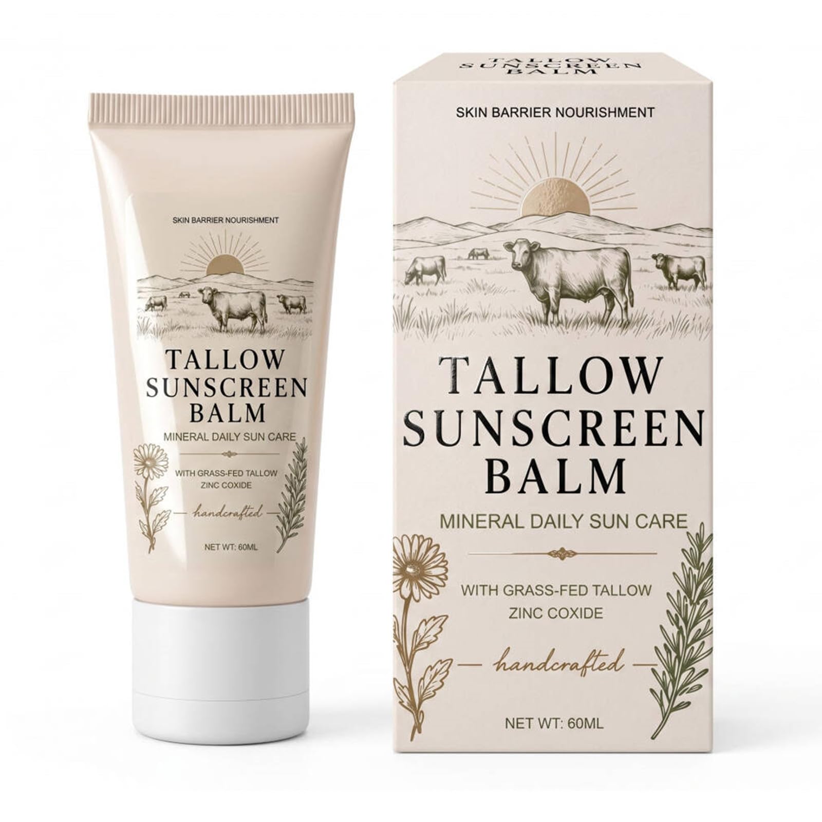 Organic Beef Tallow Sunscreen SPF 50:Natural Tallow & Zinc Oxide Sunblock Cream, Moisturizing and Soothing, Refreshing and NonG