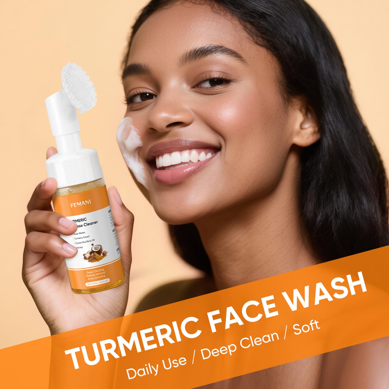 2PCS Turmeric Face Wash with Brush, Turmeric Foaming Facial Cleanser, Fit for All Skin Care with Coconut Oil, 3.38 fl.oz/pc