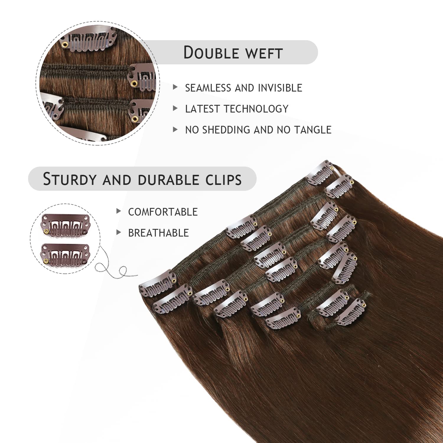 YILITE Hair Extensions Clip in Human Hair 100% Remy Real Hair 110g 8Pcs Chocolate Brown Straight Silky Hair Double Weft Clip ins