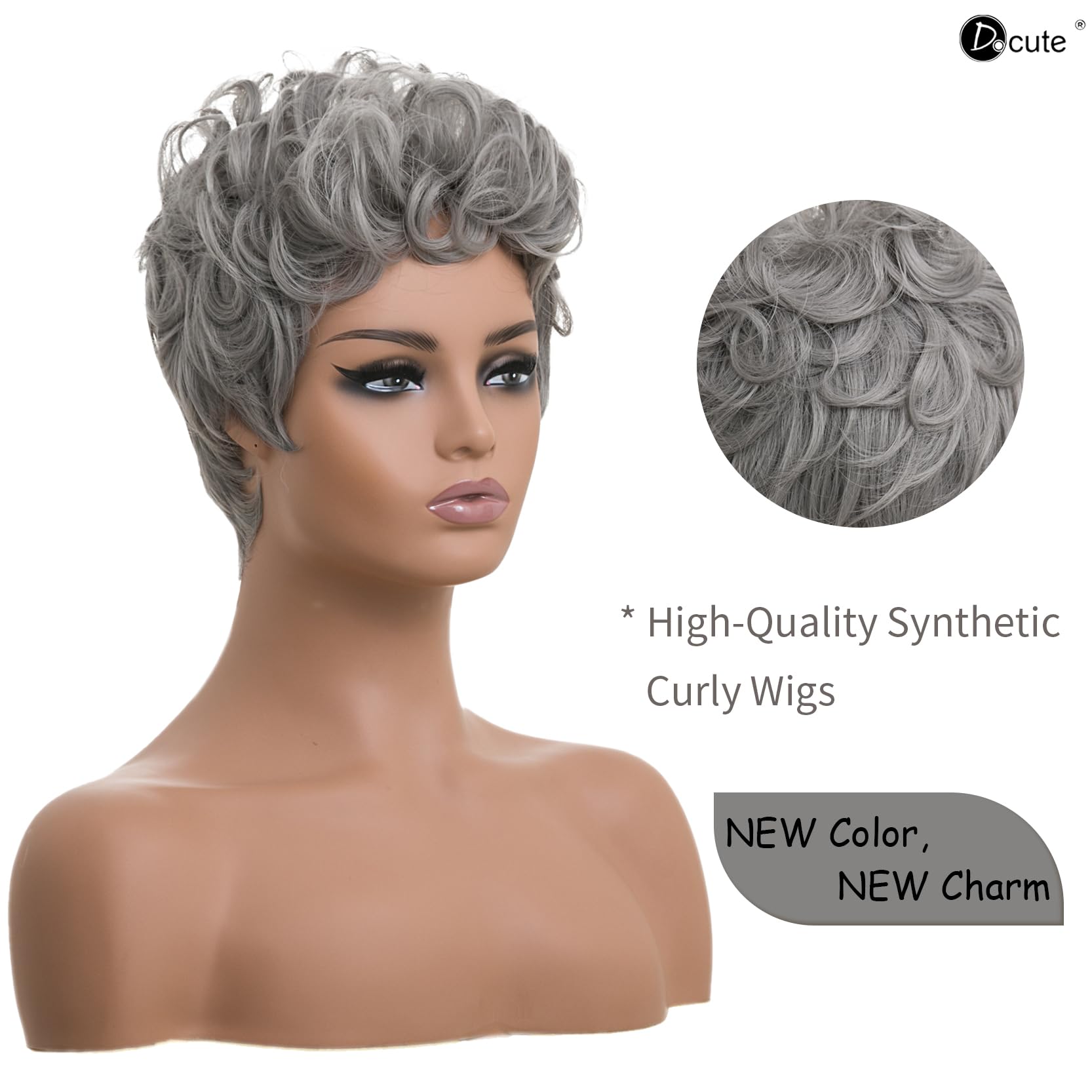 DOcute Pixie Cut Gray Wig for Black Women, Short Curly Fluffy Synthetic Hair, Average Size, Natural Wavy Design