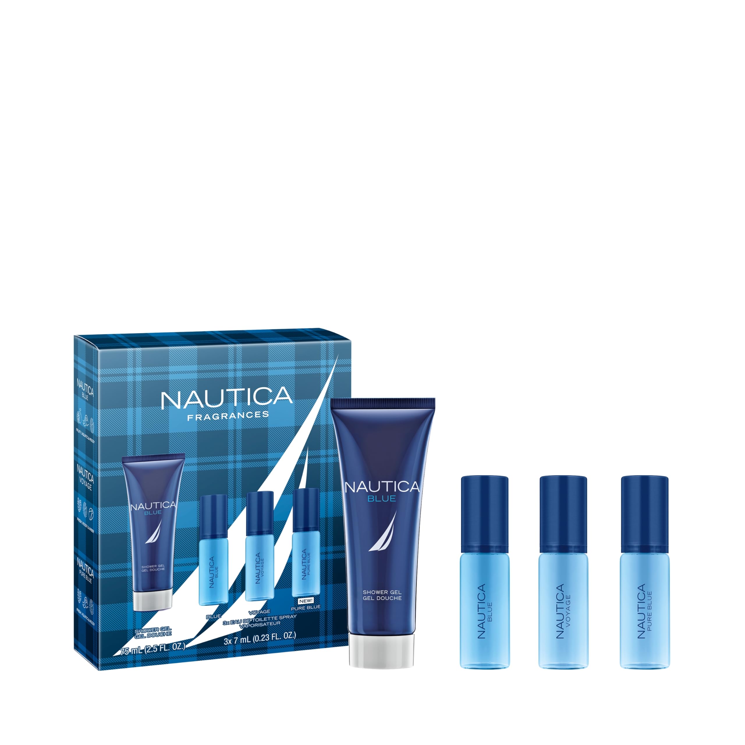 Nautica Blue, Voyage, and Pure Blue 4 Piece Gift Set, Notes of Basil, Jasmine, and Cedarwood, Men's Fragrance, Long Lasting, Eve