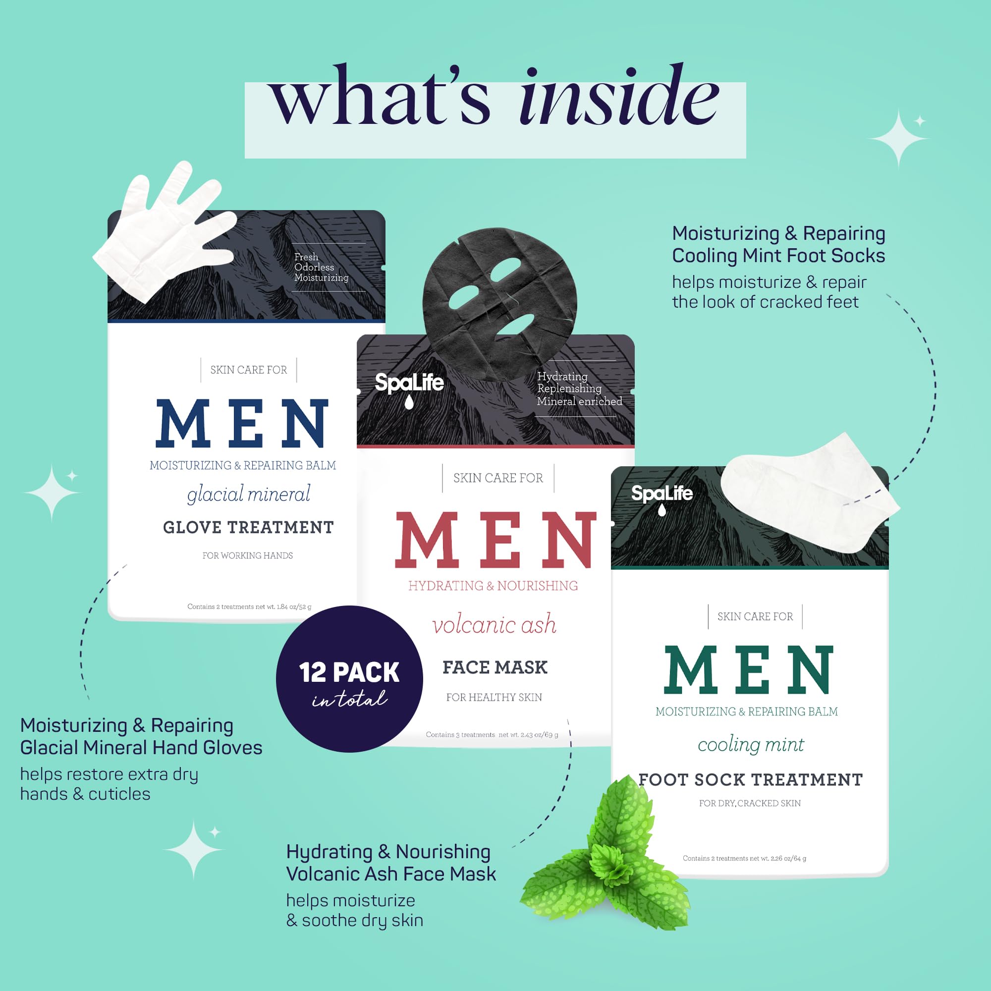 Spalife Men'S 12-Piece Spa Set: Repairing Hand Gloves For Dry Hands, Cooling Mint Foot Socks For Cracked Heels, And Moisturizing