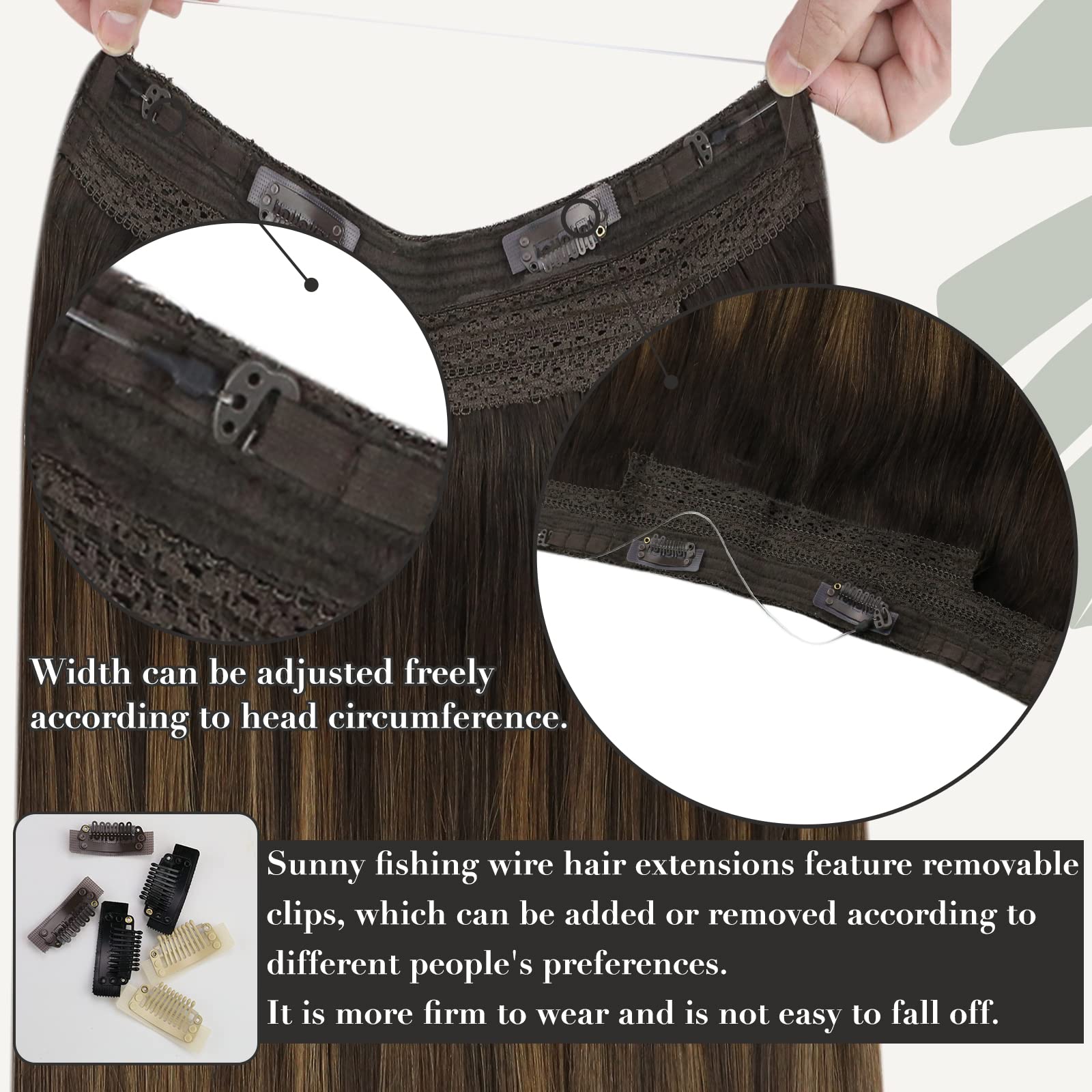 Sunny Wire Human Hair Extensions 22Inch Brown Ombre Fishing Line Hair Extensions Balayage Dark Brown To Chestnut Brown Mix Brown