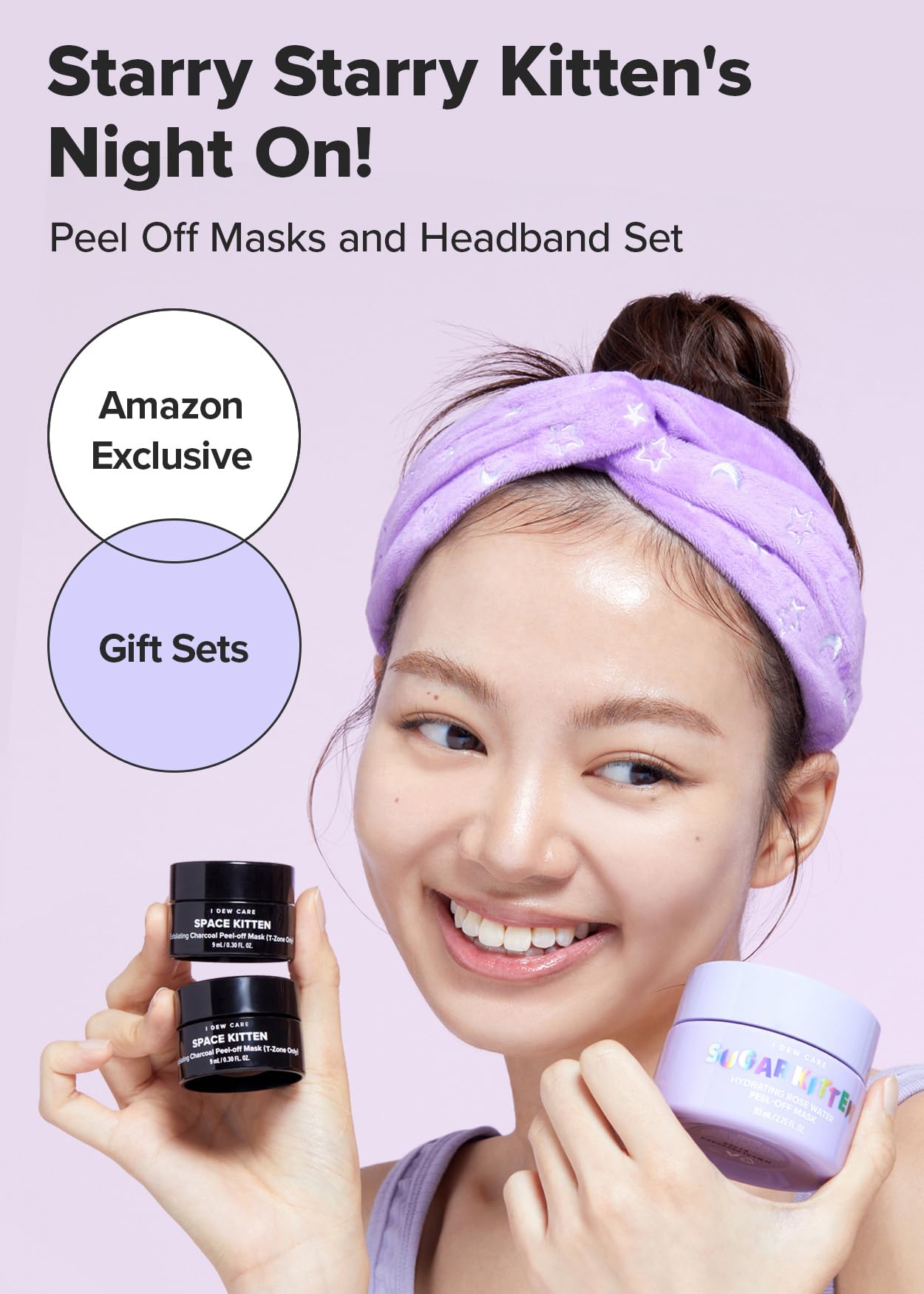 I Dew Care Starry Kitten Night - Peel Off Masks And Headband Set | Hydrating, Illuminating, Exfoliating, Star-Patterned Headband