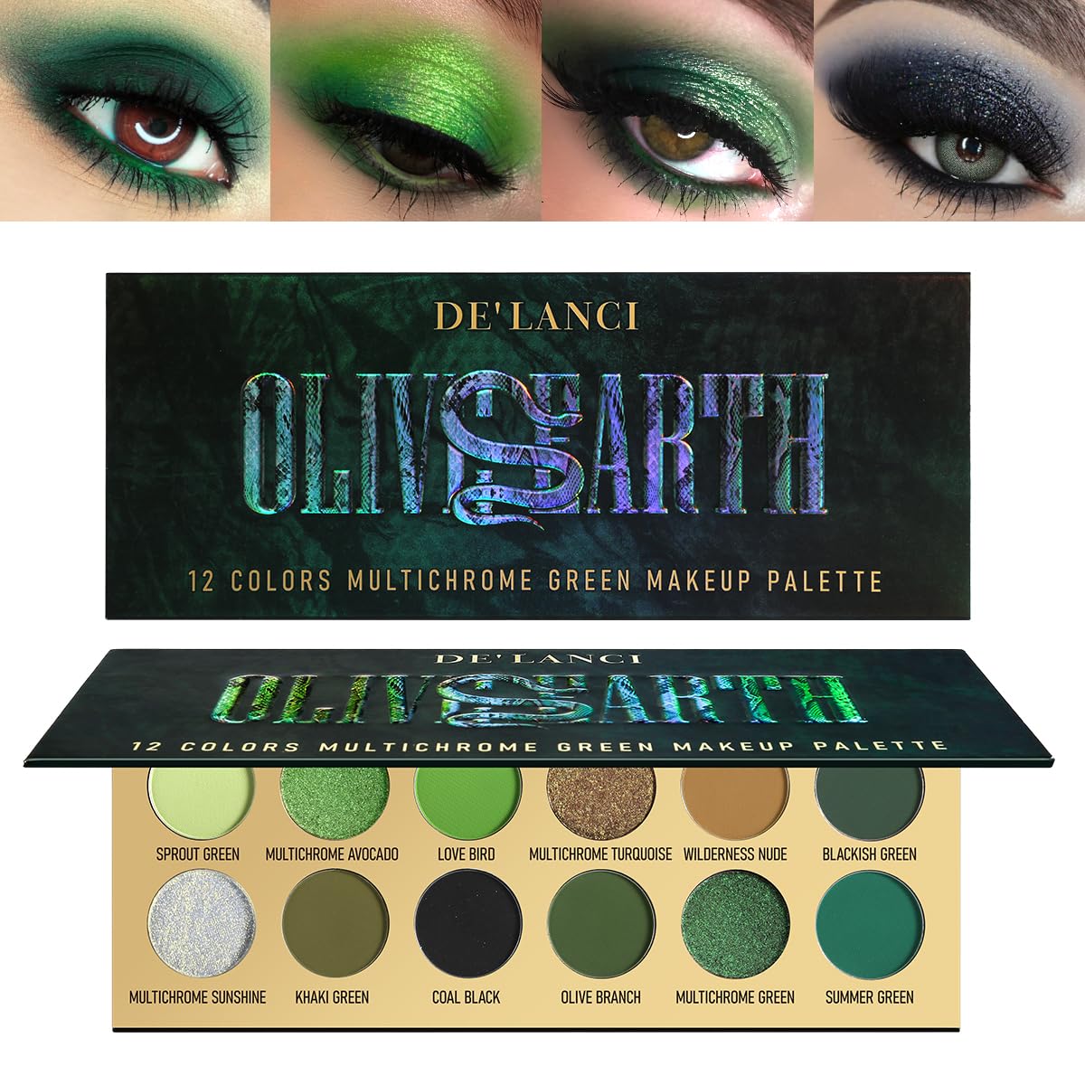 DE'LANCI Glitter Olive Green 12 Colors Makeup Pallet, Multichrome Green Eyeshadow Palette, Matte Shimmer Light Dark Emerald Gree