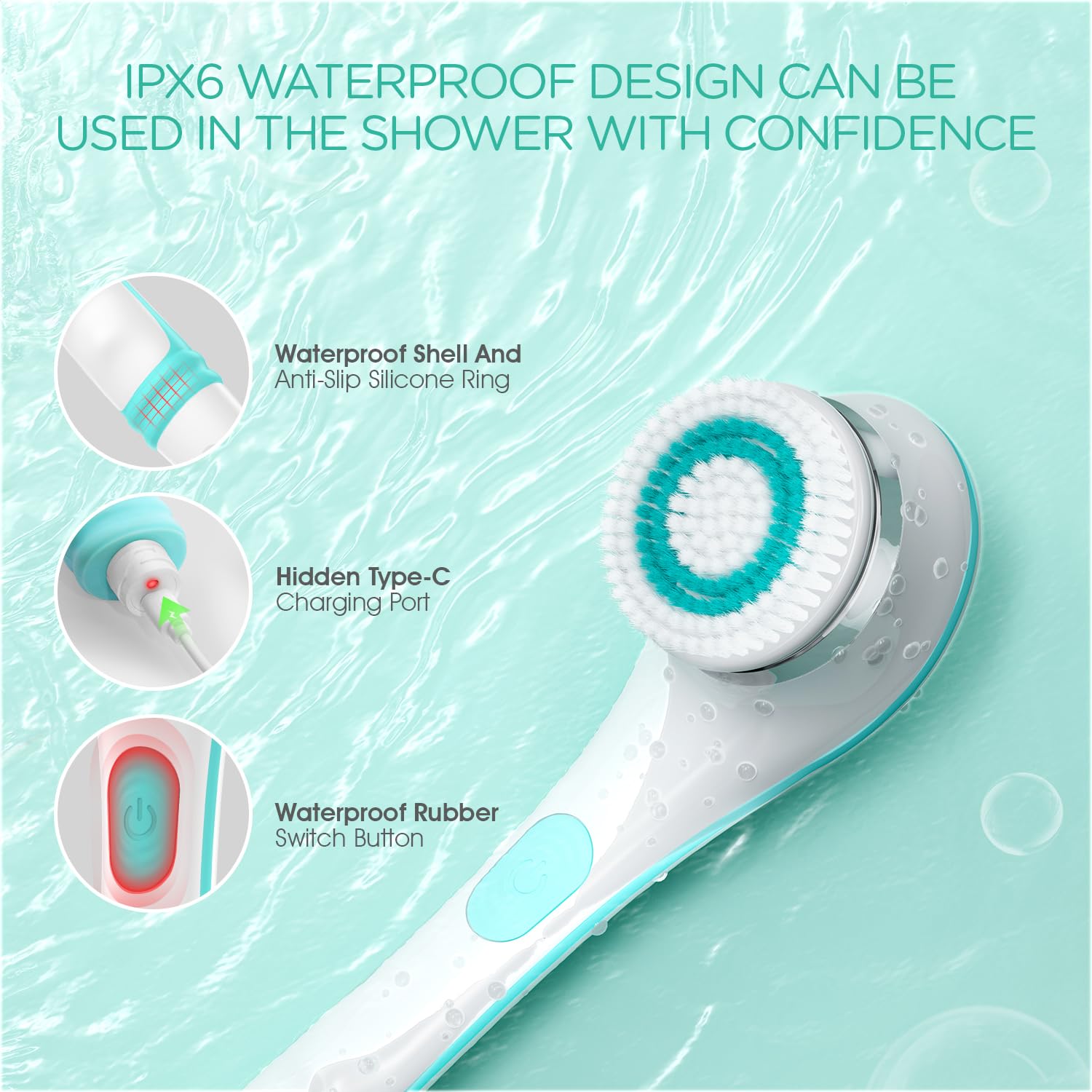 Voyor Electric Body Brush Back Scrubber For Shower Rechargeable Exfoliating Bath Brush Powered Shower Brush With Non-Slip Long H