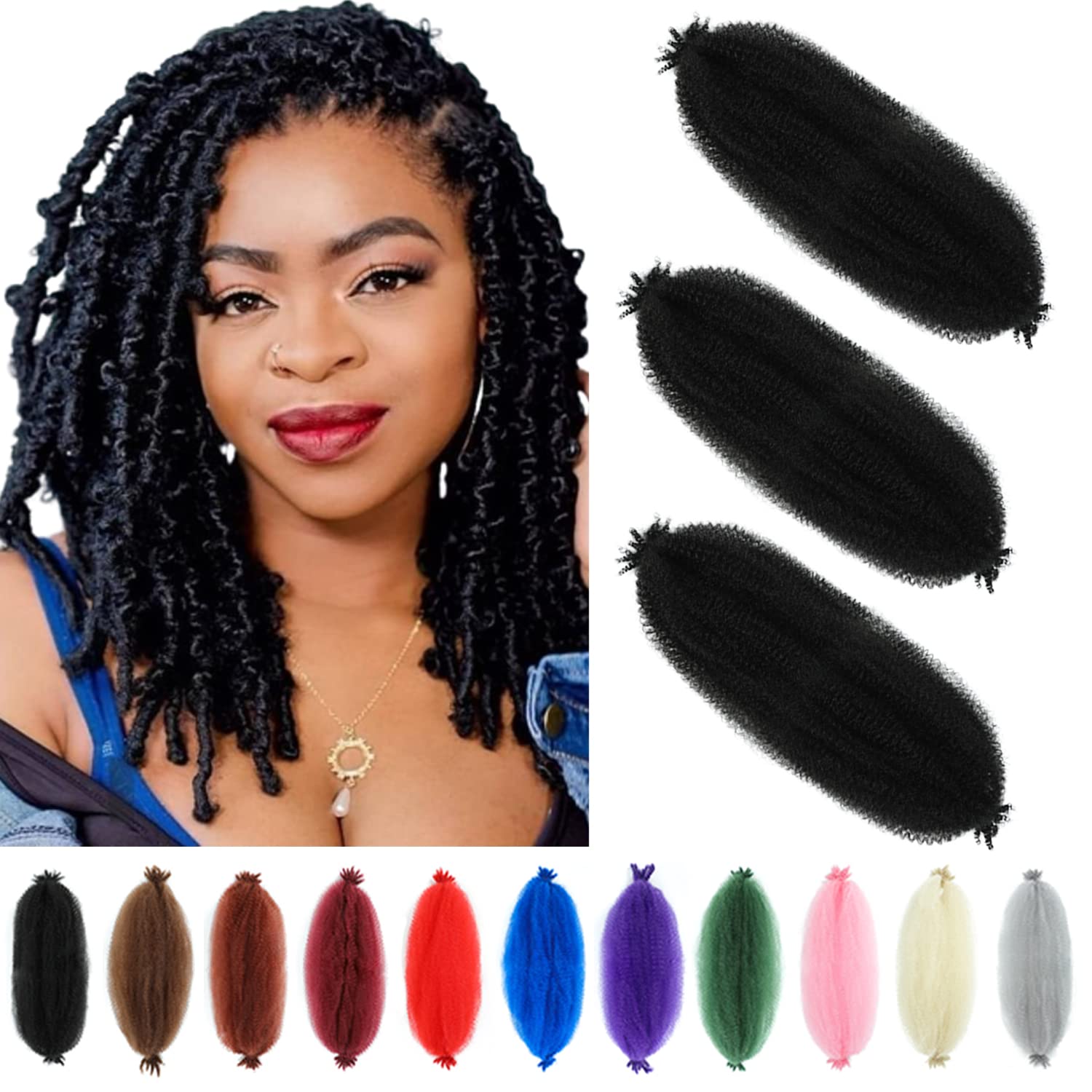 Springy Afro Twist Hair 12 Inch 3 Packs Kinky Twist Hair Black Color Pre Fluffed Marley Twist Braiding Hair for Black Women (12 