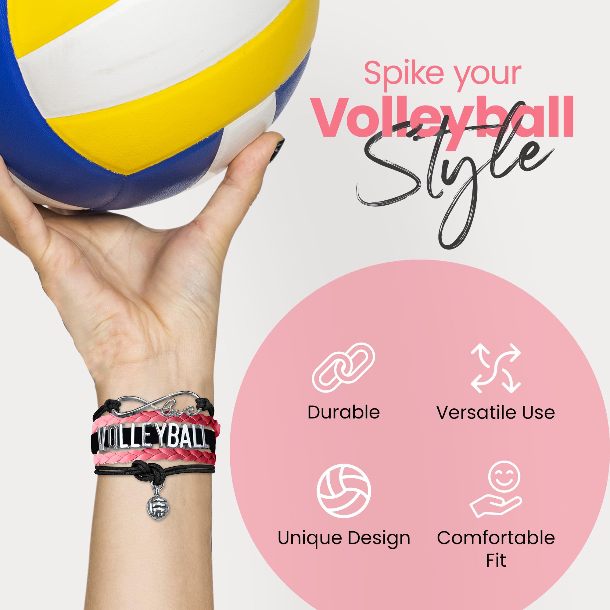 Sportybella Volleyball Bracelet, Black and Pink Adjustable Infinity Love Charm Bracelet, Volleyball Jewelry and Accessories, Gif
