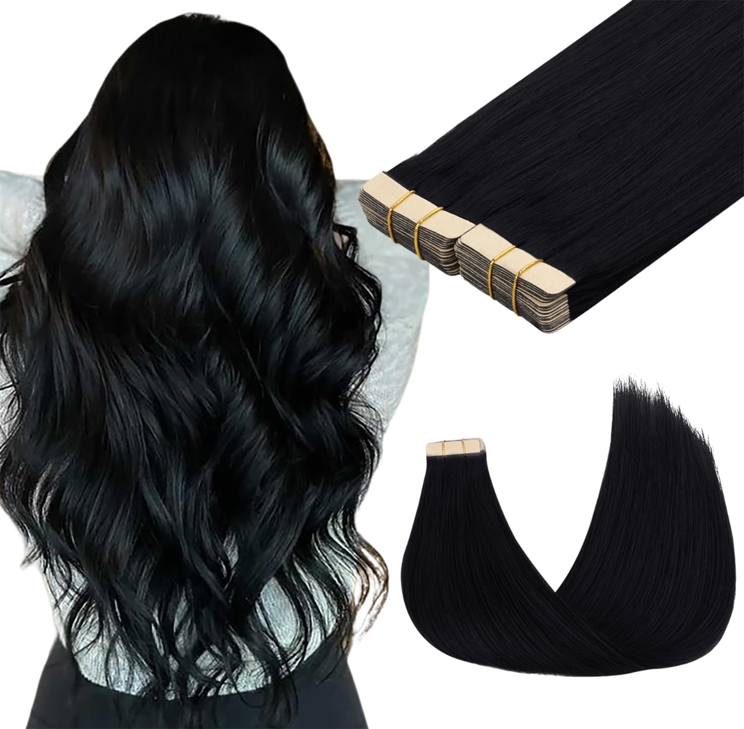 Maxita Tape In Hair Extensions Jet Black 100% Remy Human Hair 16 Inch 40Pcs 100G/Pack Straight Seamless Real Hair Extensions Tap
