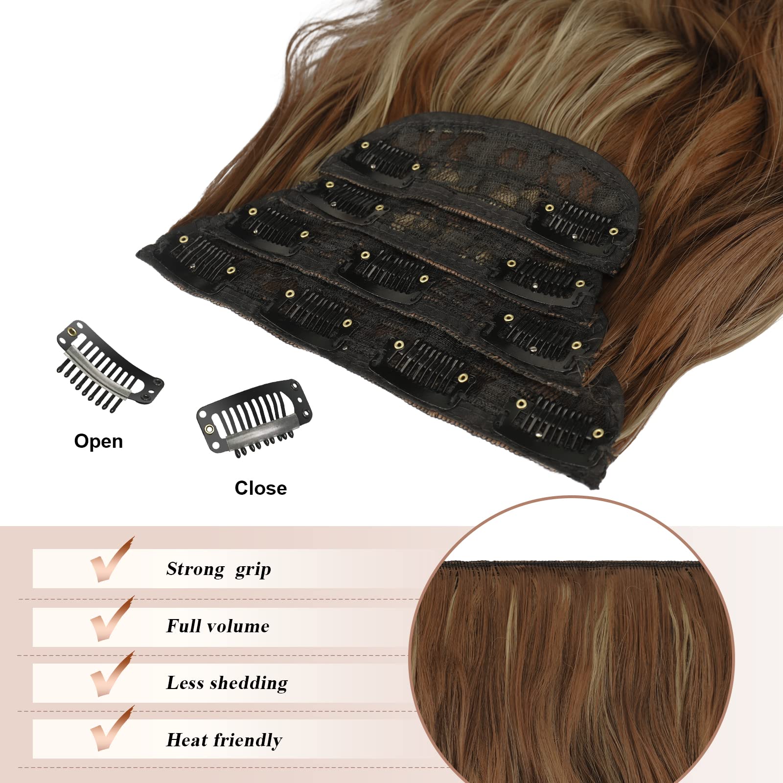 FESHFEN Clip in Hair Extensions - 4 PCS Long Wavy Thick Highlighted Clip in Hairpieces Synthetic Hair Extension for Women, Reddi