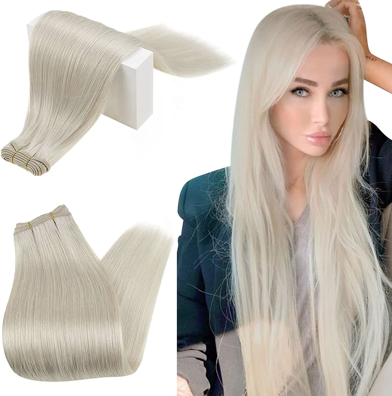 RUNATURE Blonde Hair Weft Extensions Long Weft Hair Extensions Human Hair Full Ends Straight Sew in Weft Human Hair Extensions S