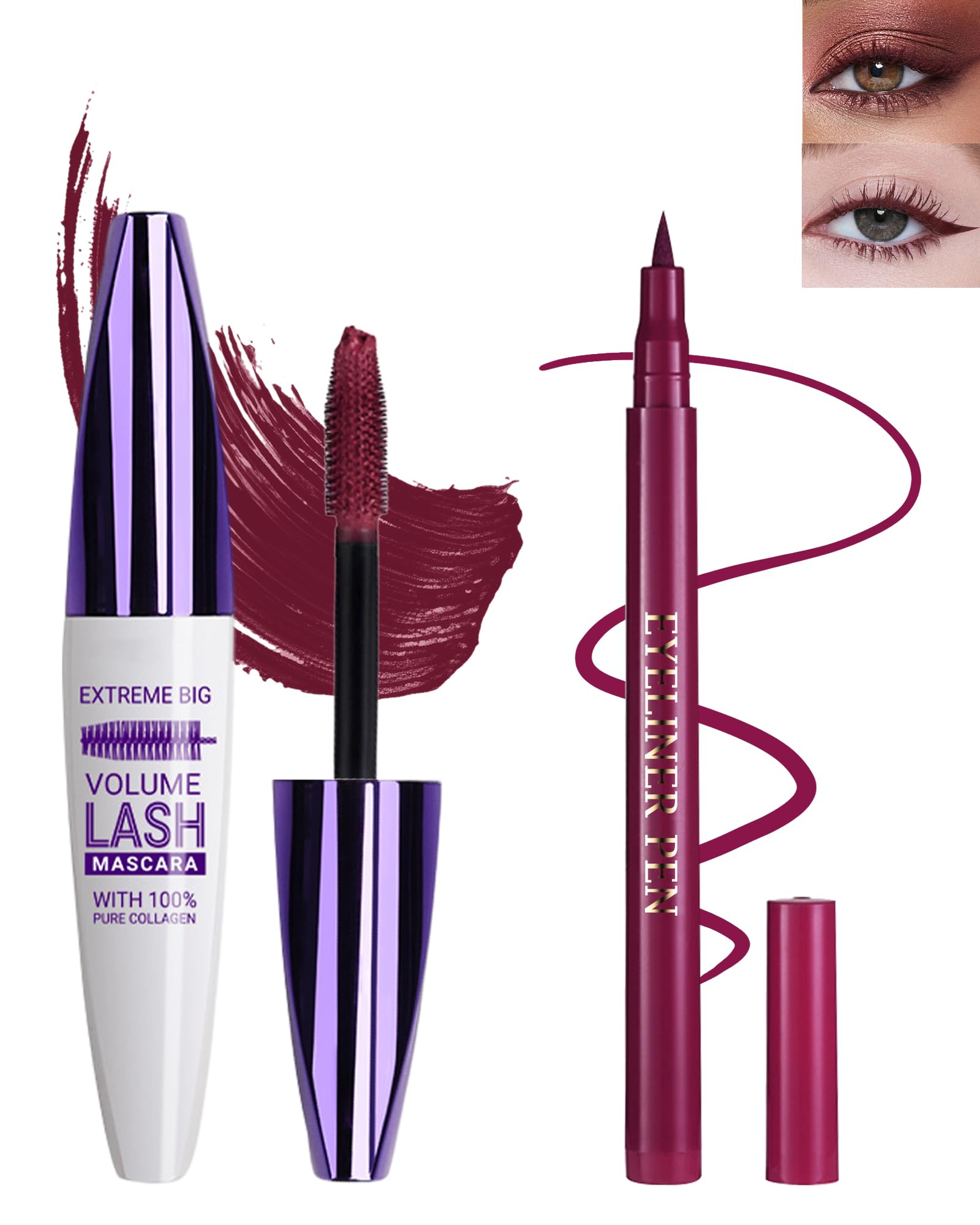 Burgundy Waterproof Mascara & Eyeliner, 5D Silk Fiber Lash Extensions Colored Tubing Mascara Volume And Length,Long-Lasting Smud