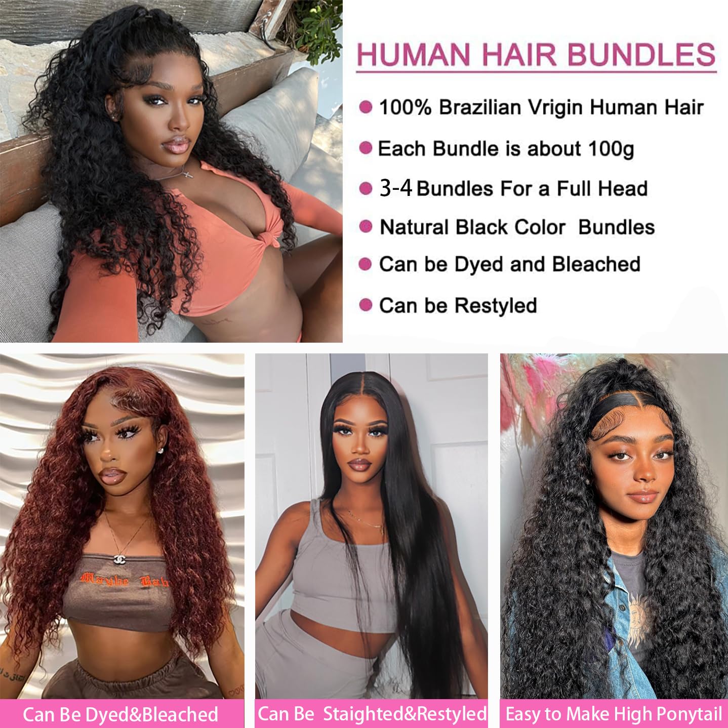 Releek Deep Wave Hair Bundles Human Hair Bundles Water Wave Brazilian Curly Wave Human Hair 3 Bundles 18 20 22 Inch 100% Unproce