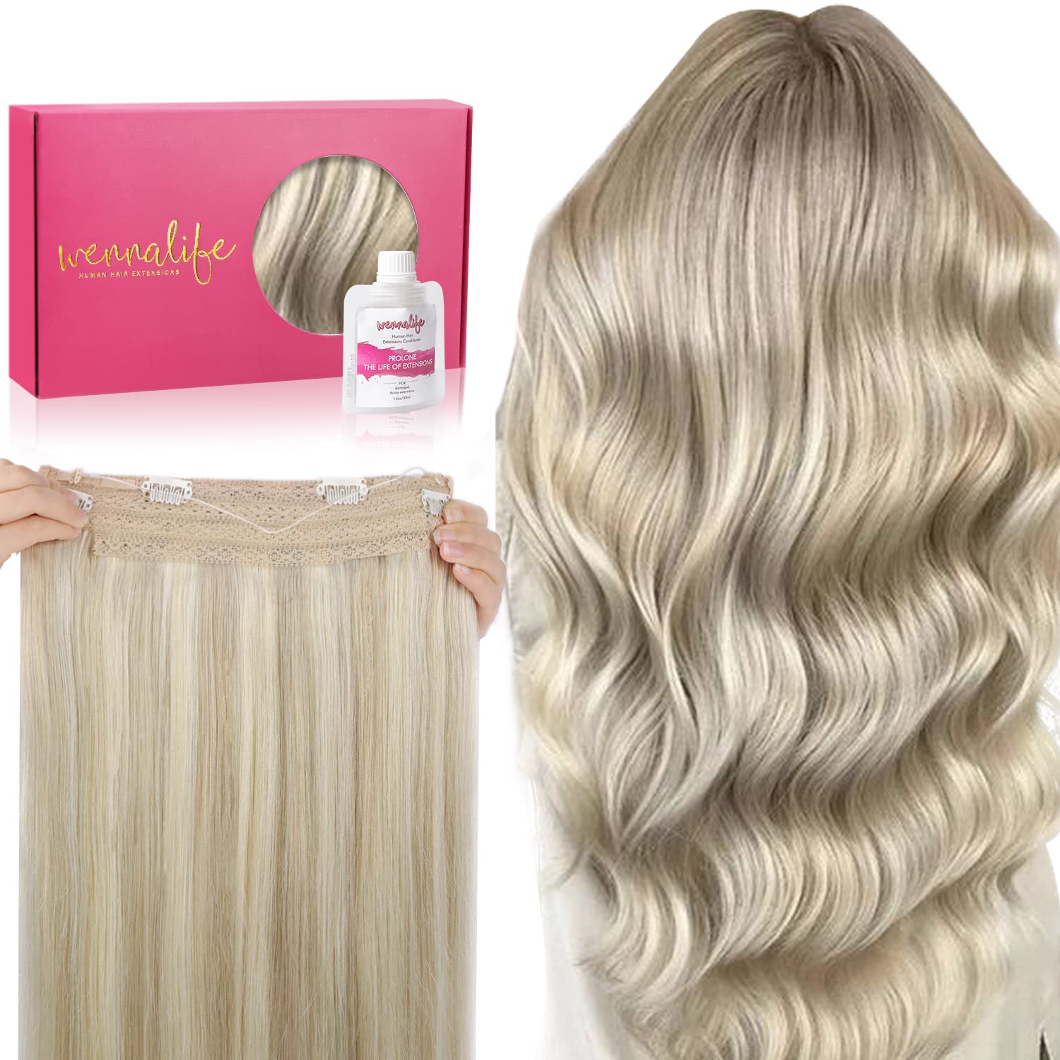 Wennalife Wire Hair Extensions (Increase 50% Lifespan) Real Human Hair 14 Inch 75G Ash Blonde Highlighted Platinum Blonde Remy H