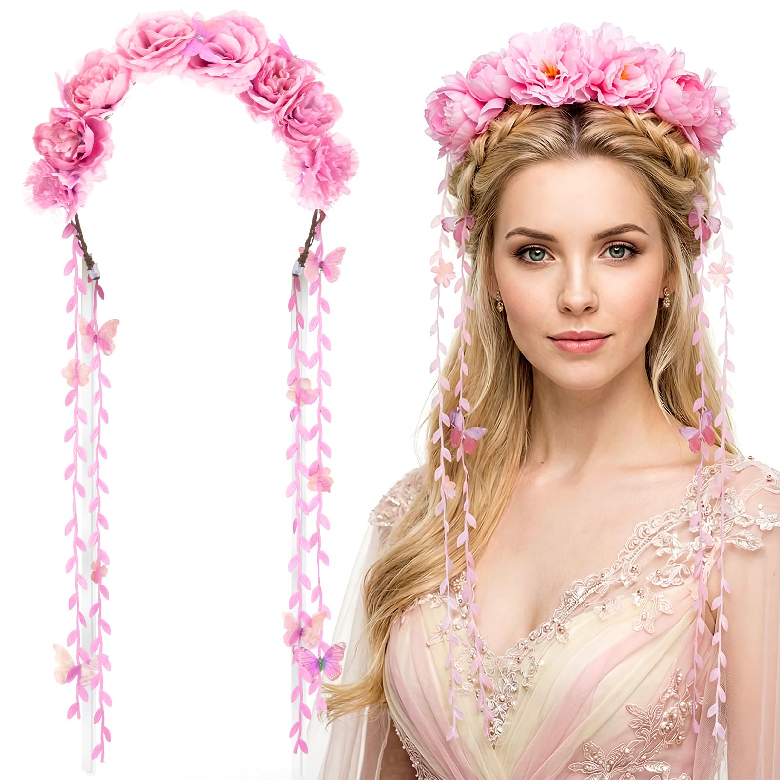 Syhood Flower Headband Floral Fairy Crown Adjustable Butterfly Flower Headpiece with Ribbon for Bridal Renaissance (Pink)