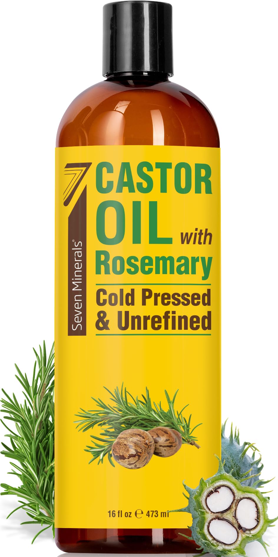 Seven Minerals Cold Pressed Castor Oil with Rosemary - 16 fl oz Bottle - Unrefined & Hexane Free - Hair Growth, Thicker Eyelashe