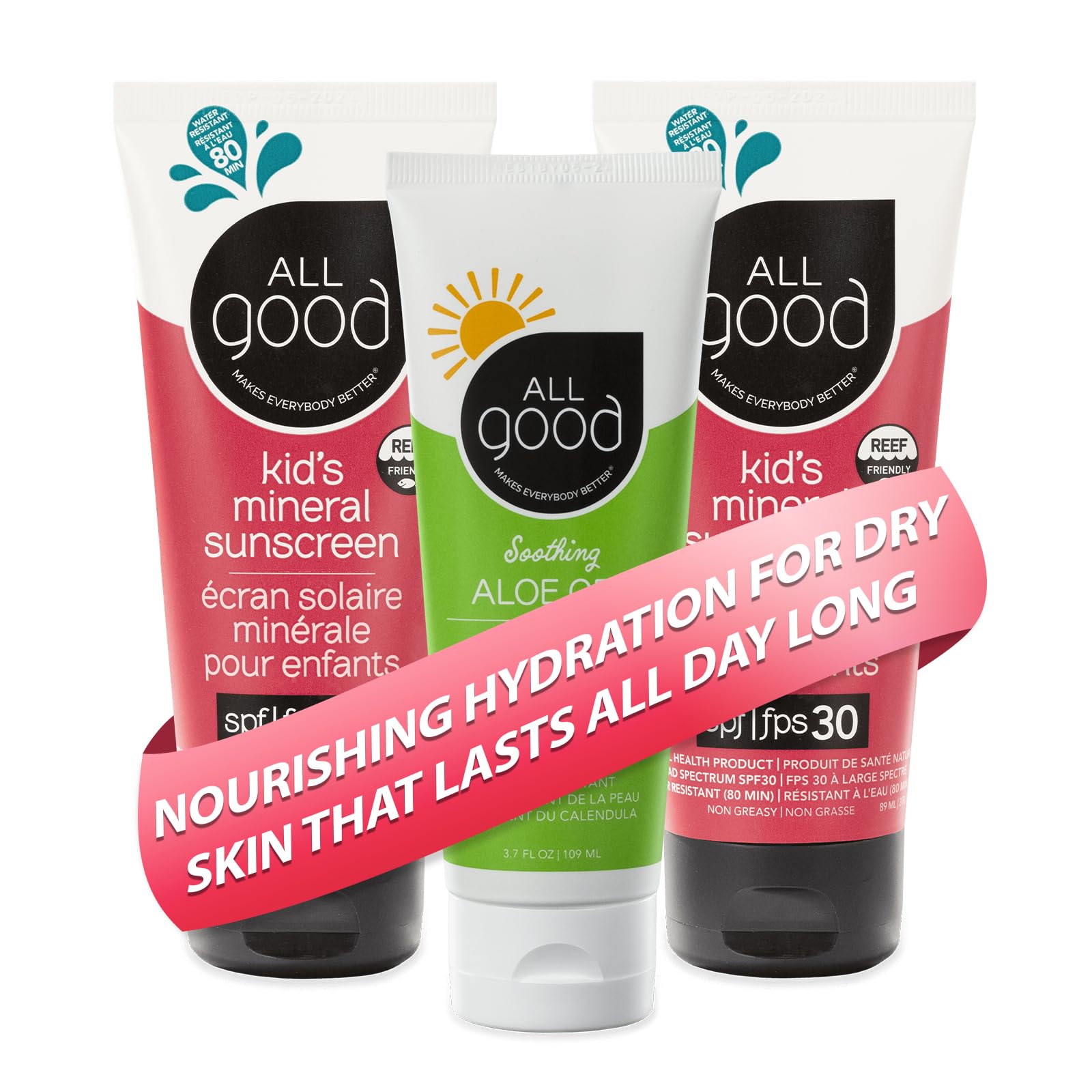 All Good Baby & Kids Sunscreen & Aloe Gel Bundle  UVA/UVB Broad Spectrum, SPF 30, Zinc Oxide, Water Resistant  Includes (2) SP