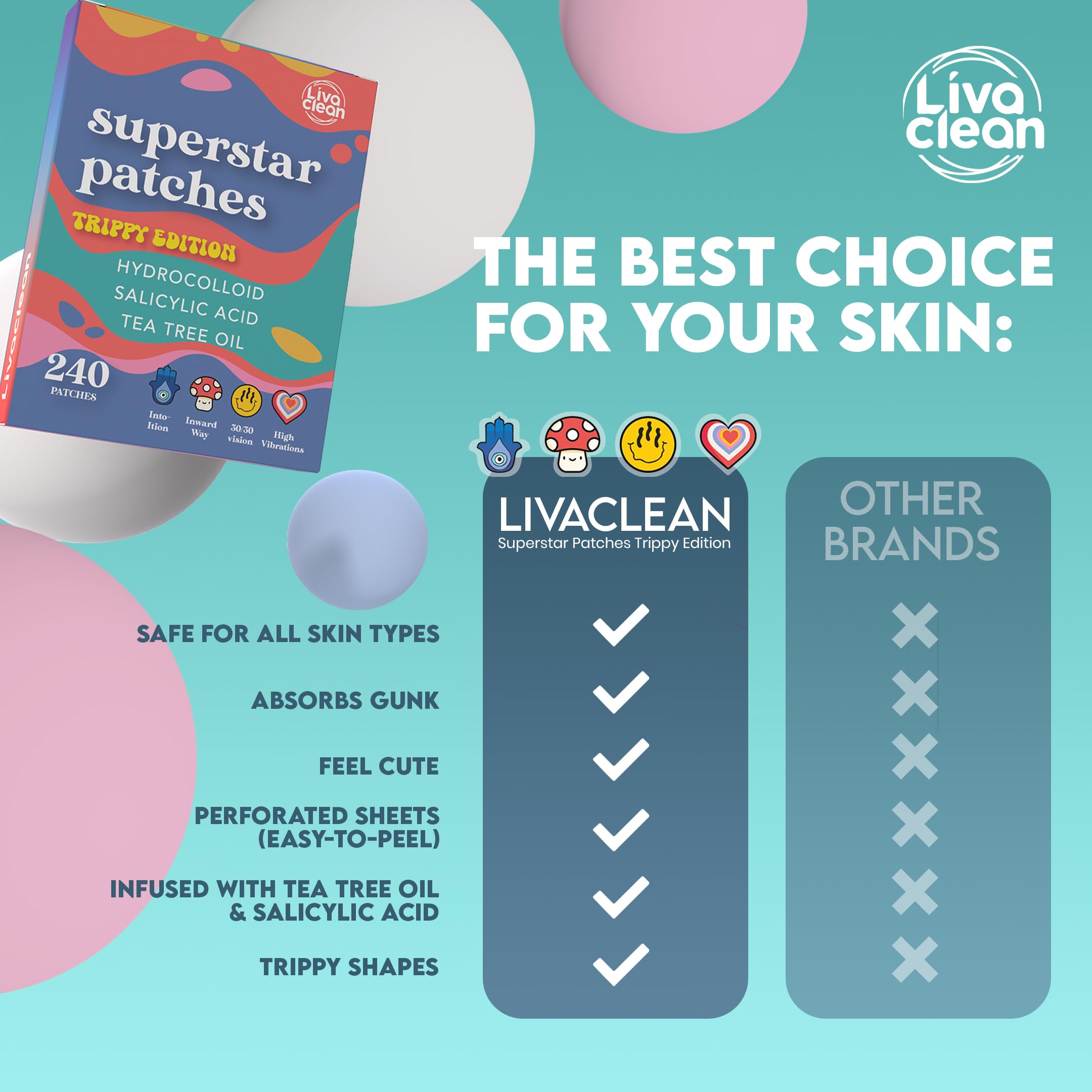 Livaclean 240 Ct Superstar Cute Pimple Patches Trippy Edition W/Salicylic Acid & Tea Tree Oil - Pimple Patches Cute, Pimple Patc
