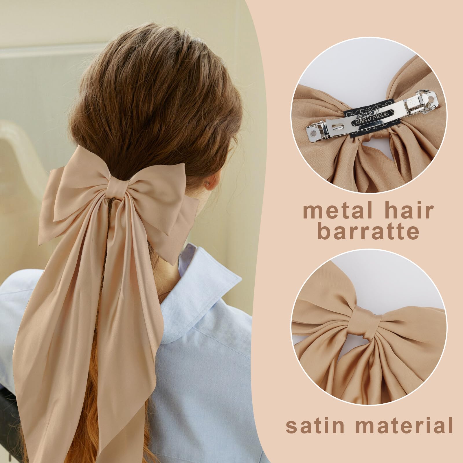 Canitor 6 Pcs Hair Bows For Women Silky Satin Hair Ribbon With Hair Barrettes Clip Large Coquette Bows Preppy Teen Girl Gifts Tr