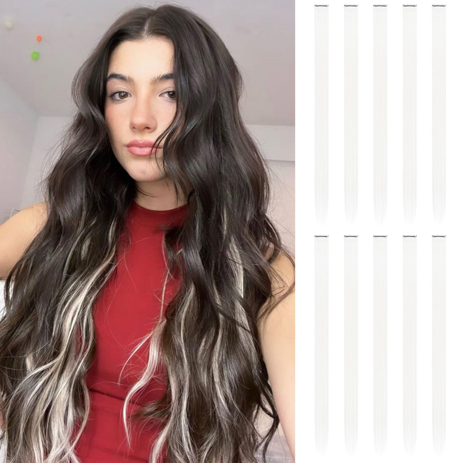 Feshfen Colored Hair Extensions, White Clip In Hair Extension 10 Pcs Highlight Colorful Hair Piece Straight Synthetic Clip In Ha