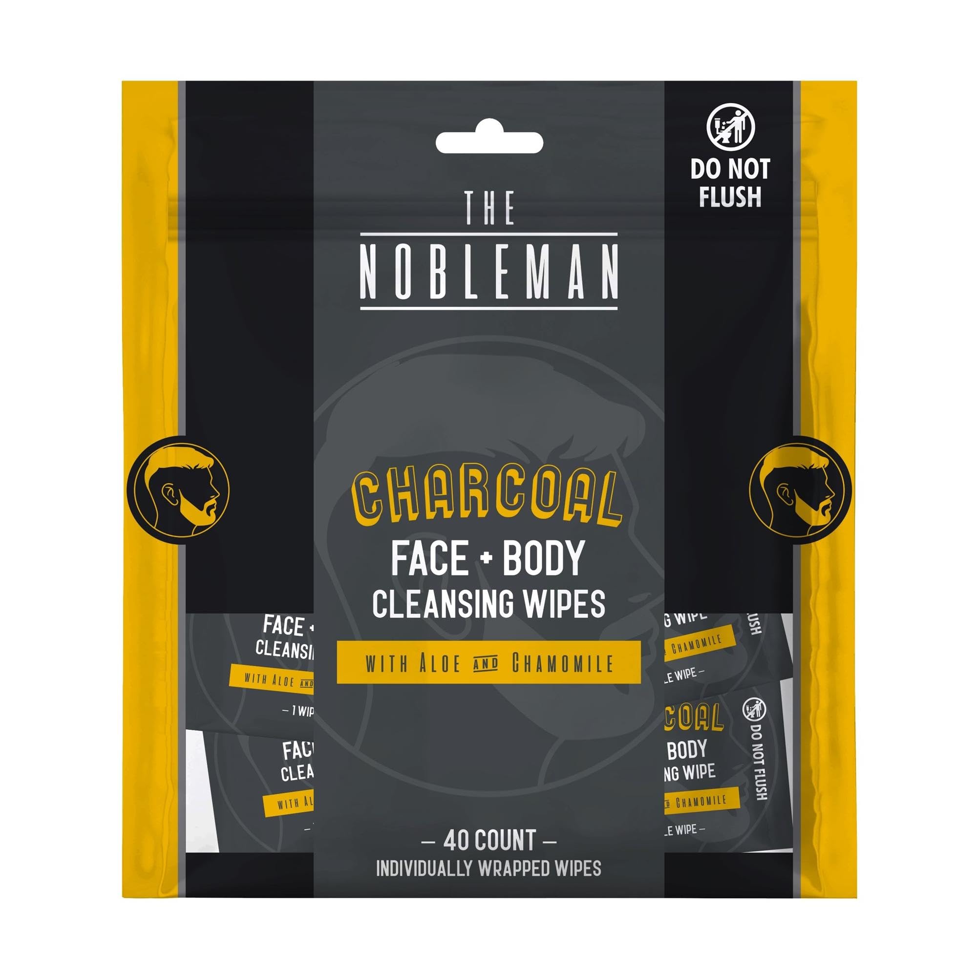 The Nobleman Charcoal Face + Body Cleansing Wipes, 40 Ct. Individually Wrapped - With Aloe & Chamomile for Oil Control, Hydratio