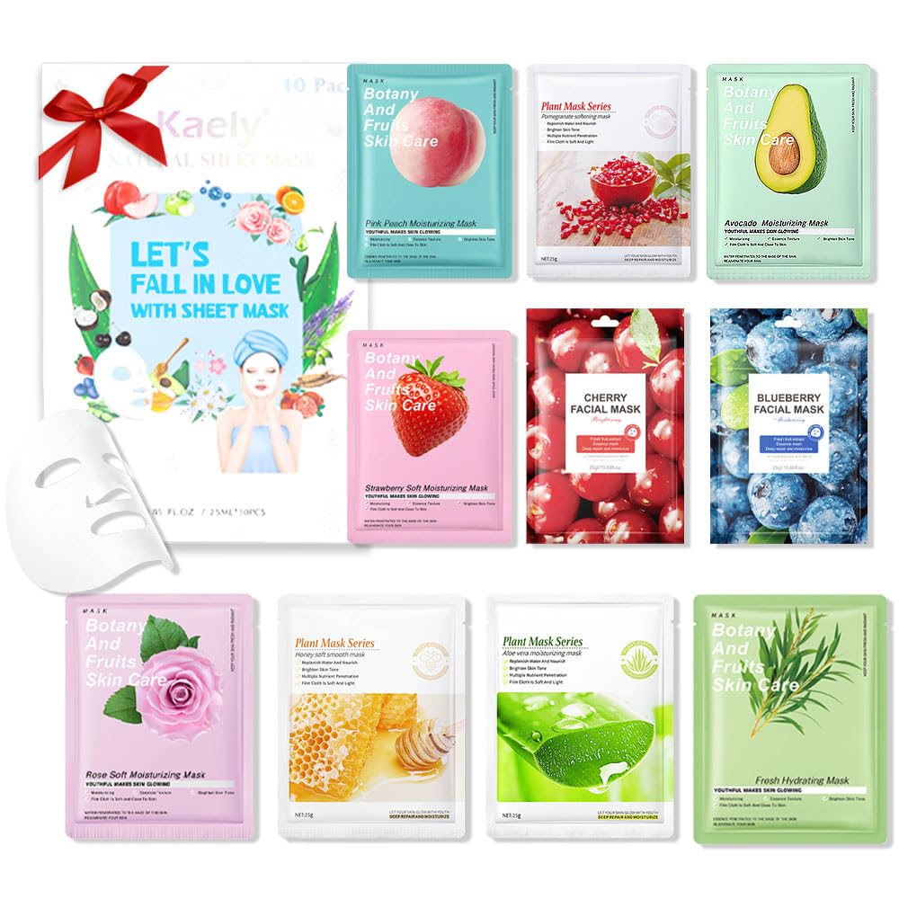 Kaely 10 Pack Variety Sheet Masks,Spa Party Face Masks For Kids Skin Care,Facial Mask Skincare Set Korean,Moisturize,Brighten,No