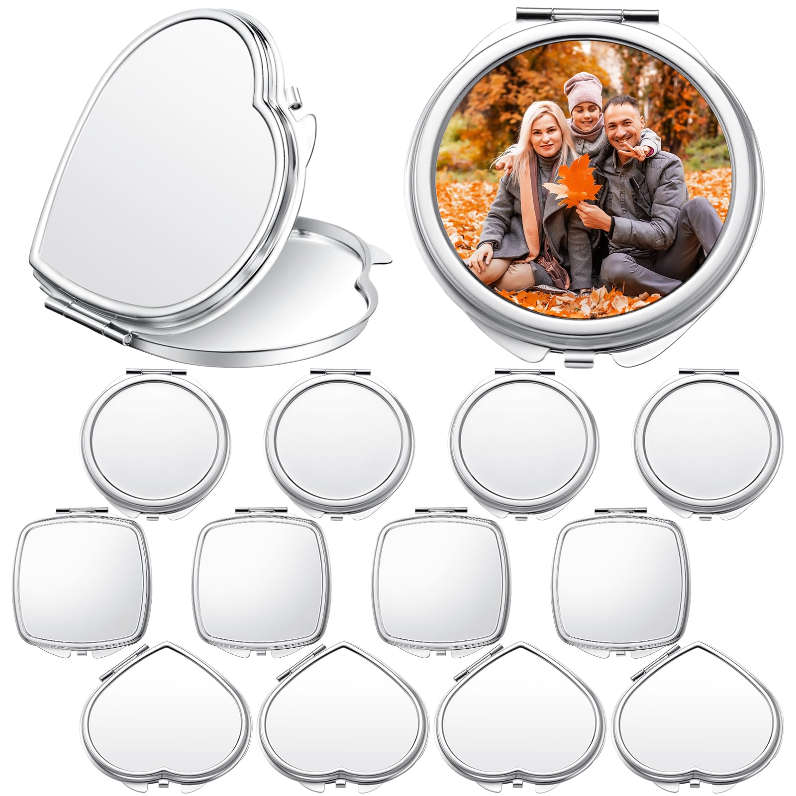 Jetec 12 Pcs Sublimation Blanks Products Small Compact Mirror Bulk Heat Transfer Folding Pocket Makeup Mirror Heart Round Square