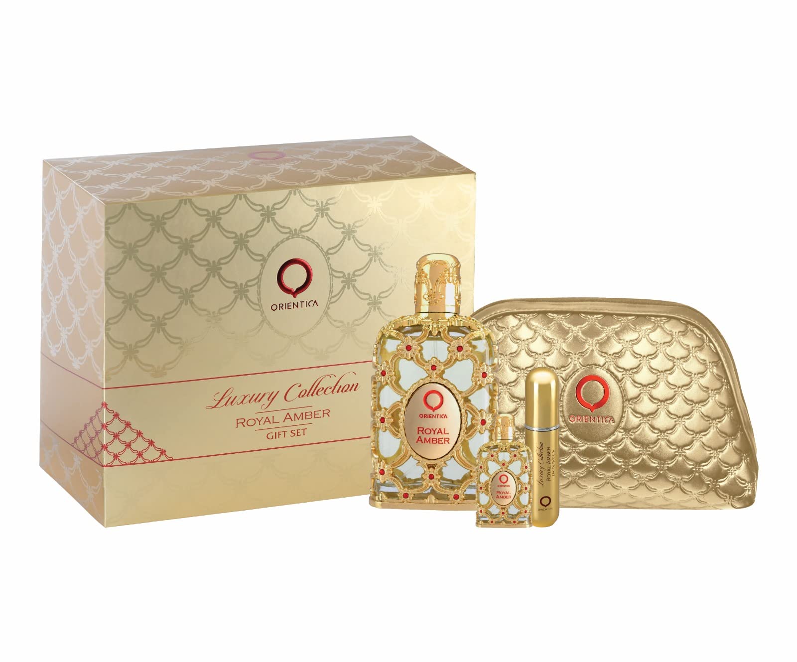 Orientica Al Haramain Royal Amber 4-Piece Set for Unisex, (2.7 Oz Eau De Parfum Spray + 0.34 Oz Eau De Parfum Travel Spray + Ato