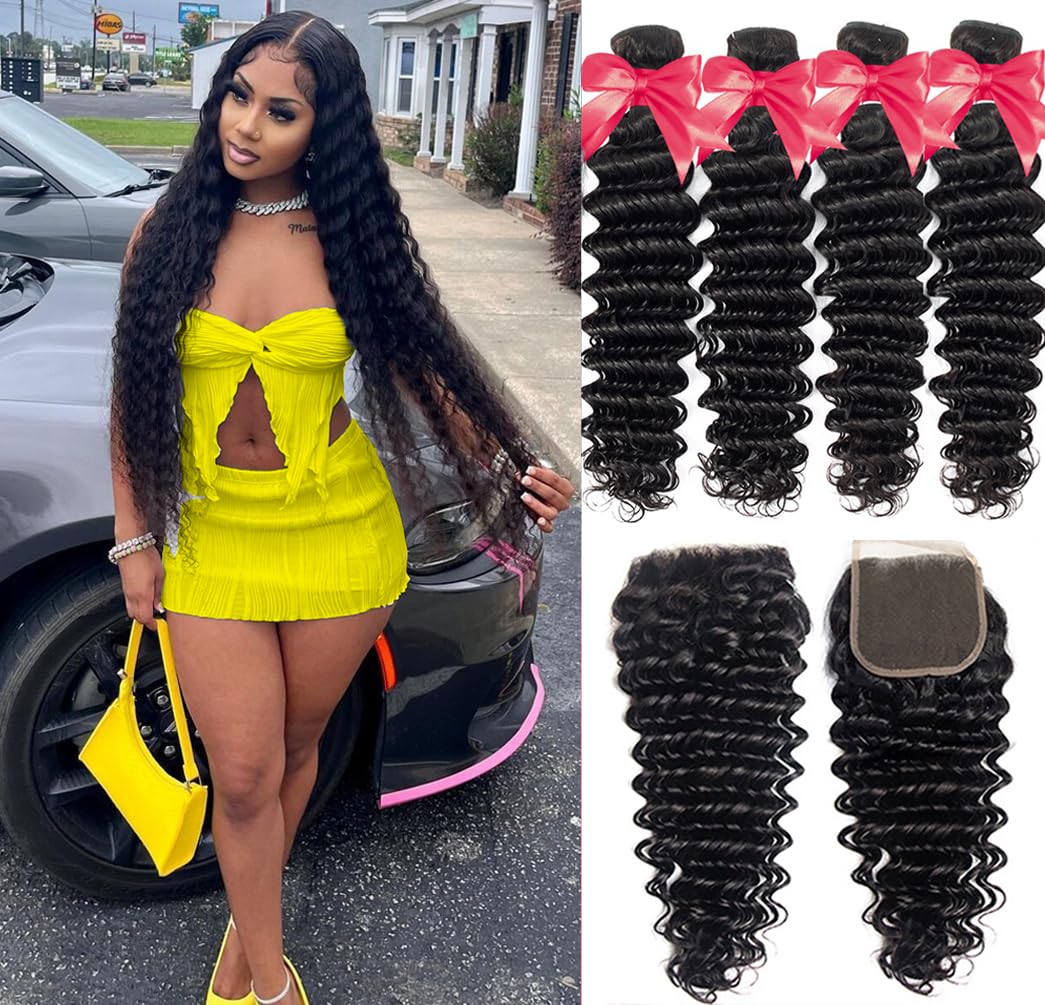 Deep Wave Human hair Bundles With Closure (12 14 16 18+10 Free Part) 12A 100% Unprocessed Brazilian Virgin Human Hair Deep Curly