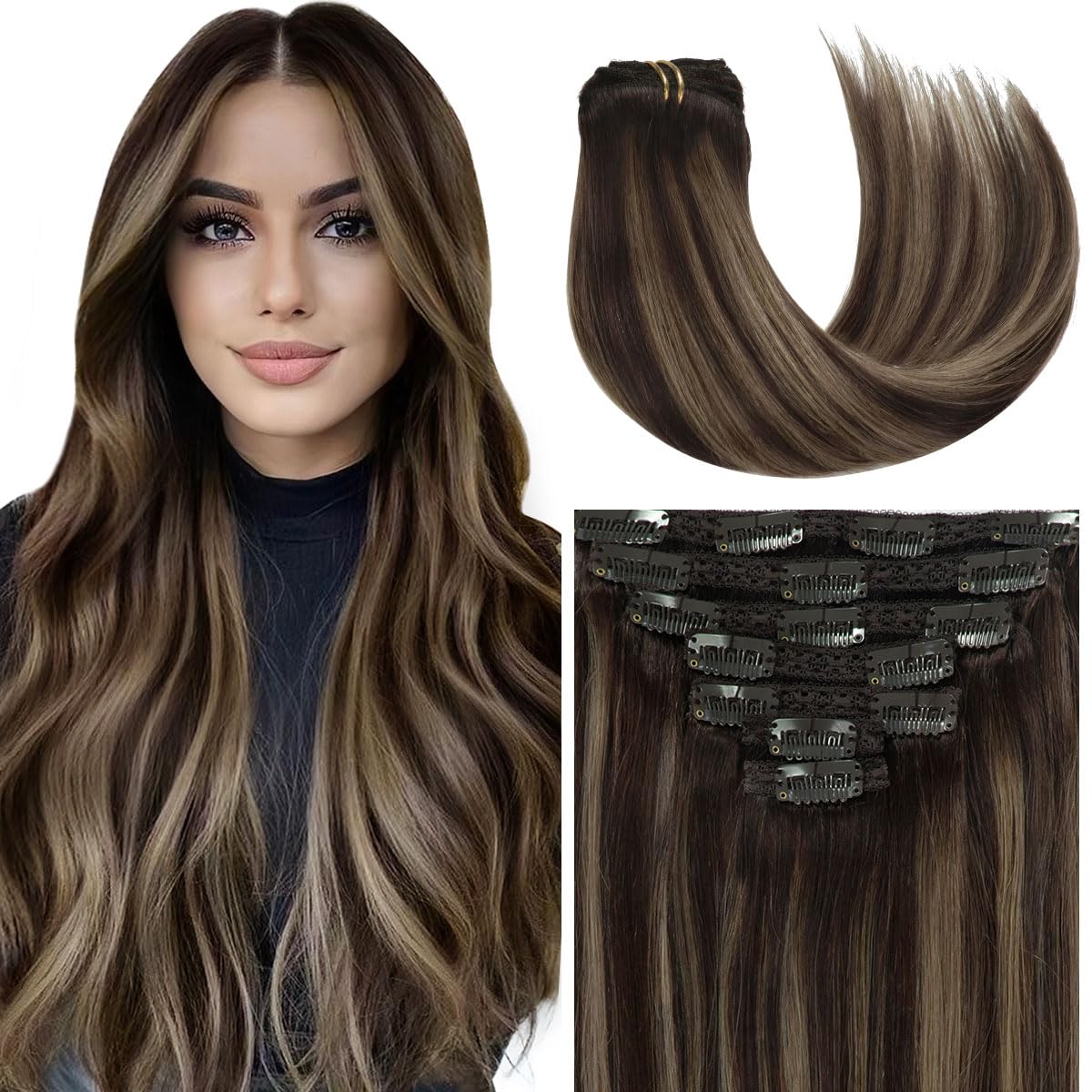 Caliee Balayage Dark Brown and Chestnut Brown with Dark Brown Roots 18inch Clip in Hair Extensions Human Hair Silky Straight 120