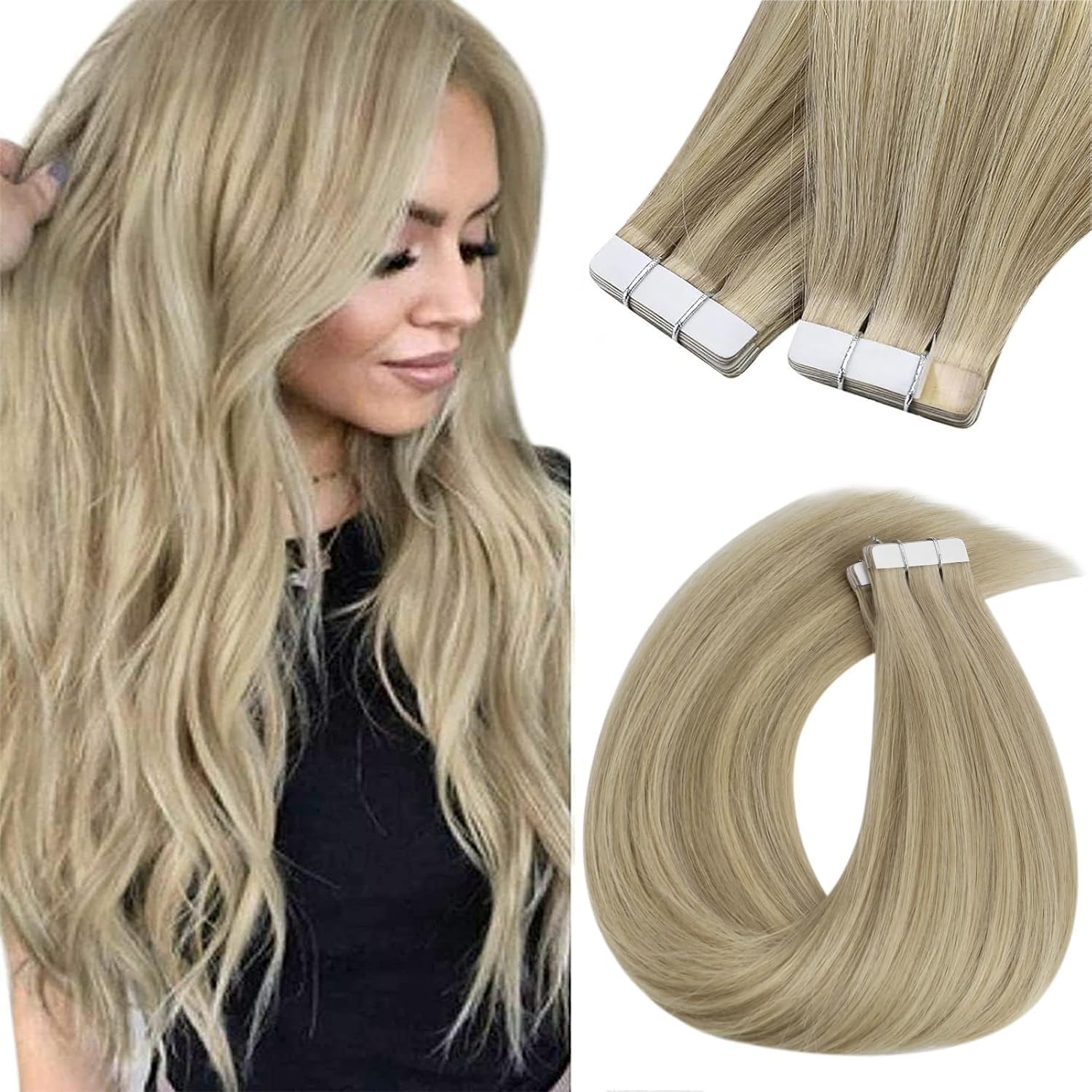 Sunny Hair Tape in Hair Extensions Real Human Hair Invisible Remy Hair Extensions Tape ins for Women Golden Blonde Highlight Med