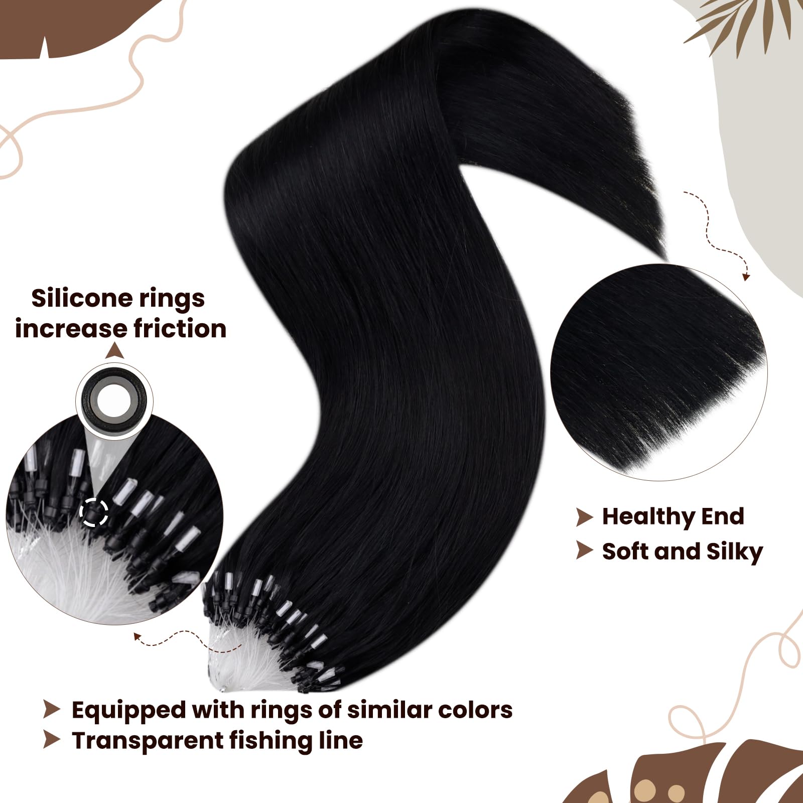 Hetto Micro Links Hair Extensions Human Hair #1 Jet Black Micro Loop Hair Extensions Real Human Hair 18 Inch Straight Microbeads