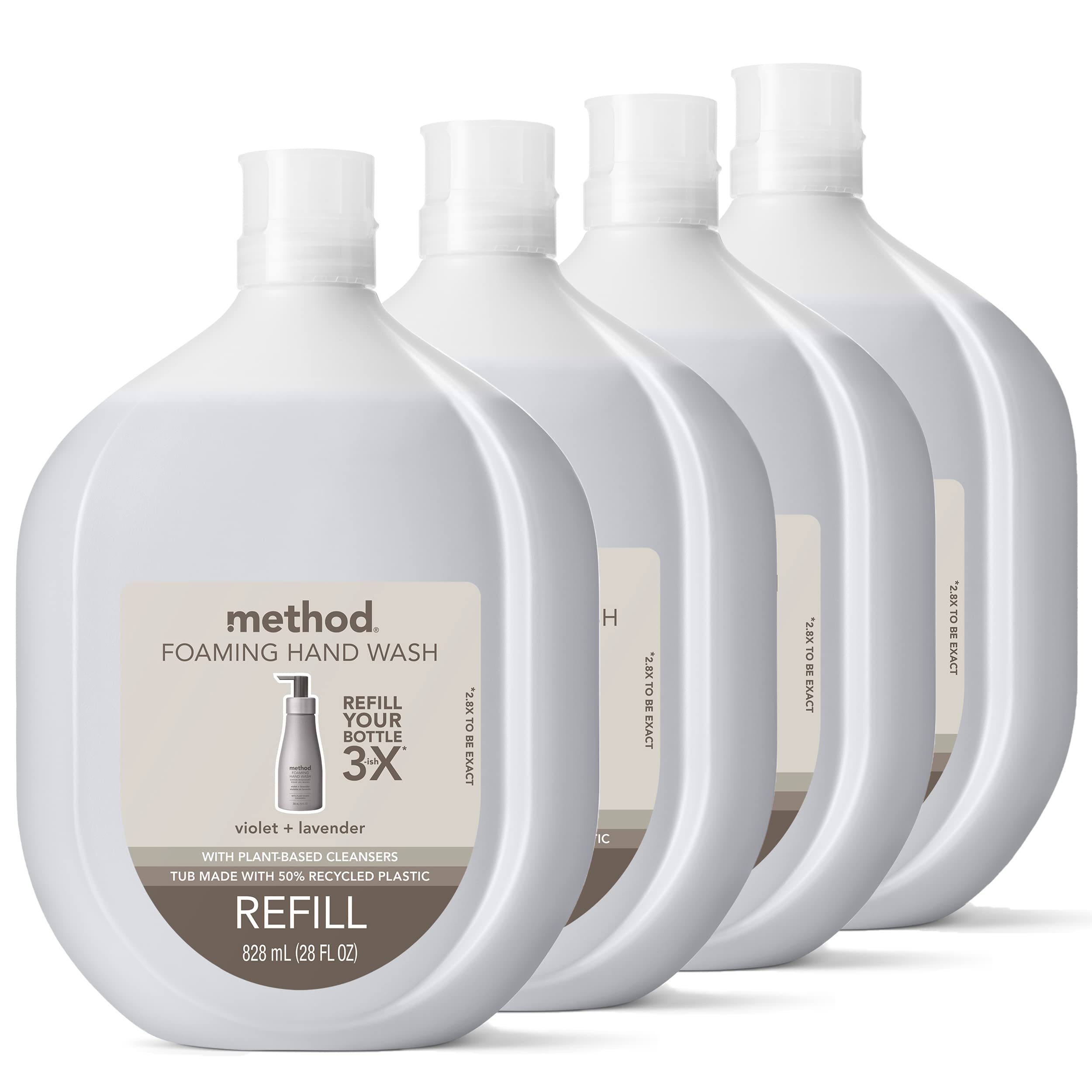Method Foaming Hand Soap Refill, Violet + Lavender, Recyclable Bottle, Biodegradable Formula, 28 fl oz (Pack of 4) (Packaging Ma