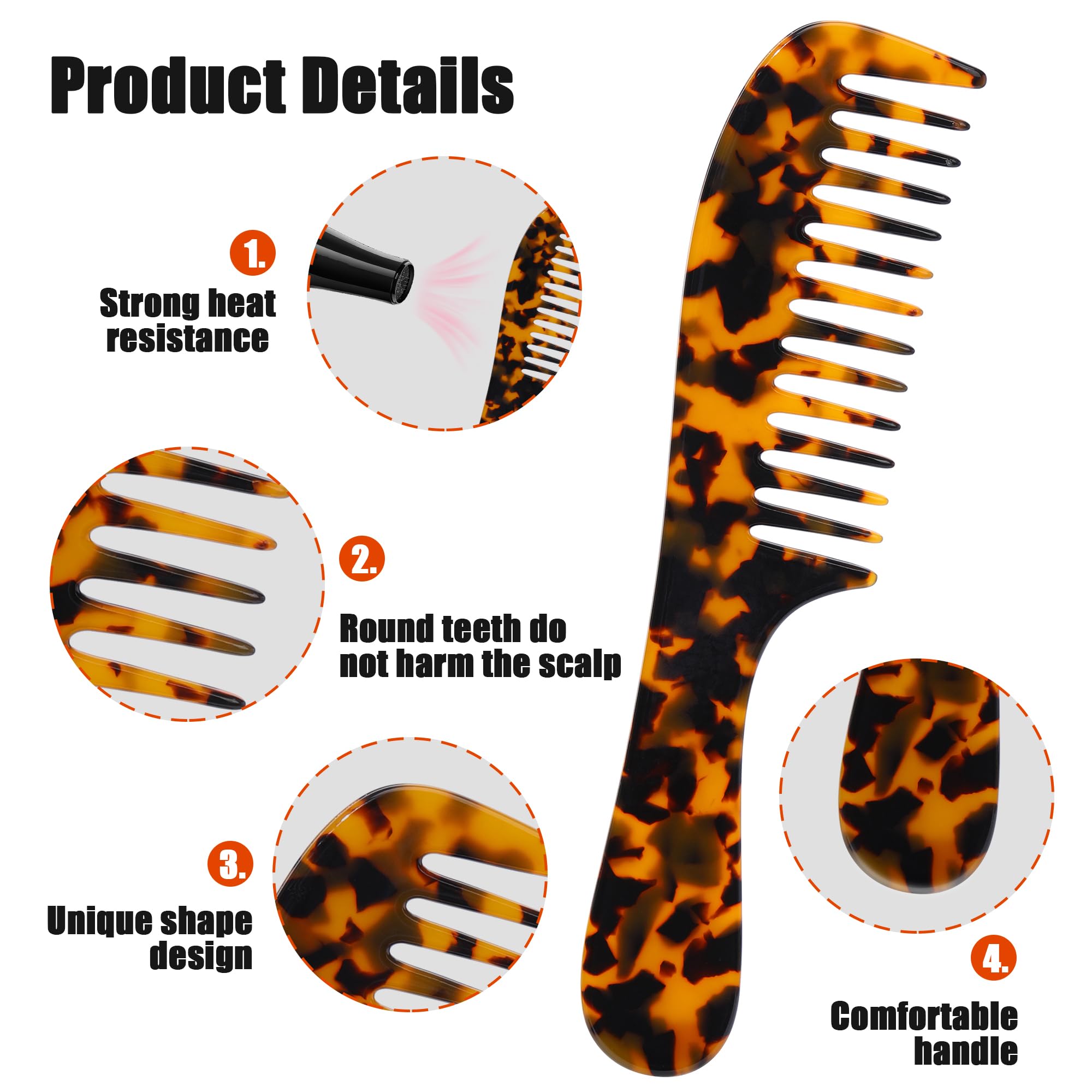 Fsmiling Wide Tooth Comb Large Detangling Comb Cellulose Detangler Comb For Women Thick Curly Wavy Wet Dry Hair 2 Pack,Tortoise