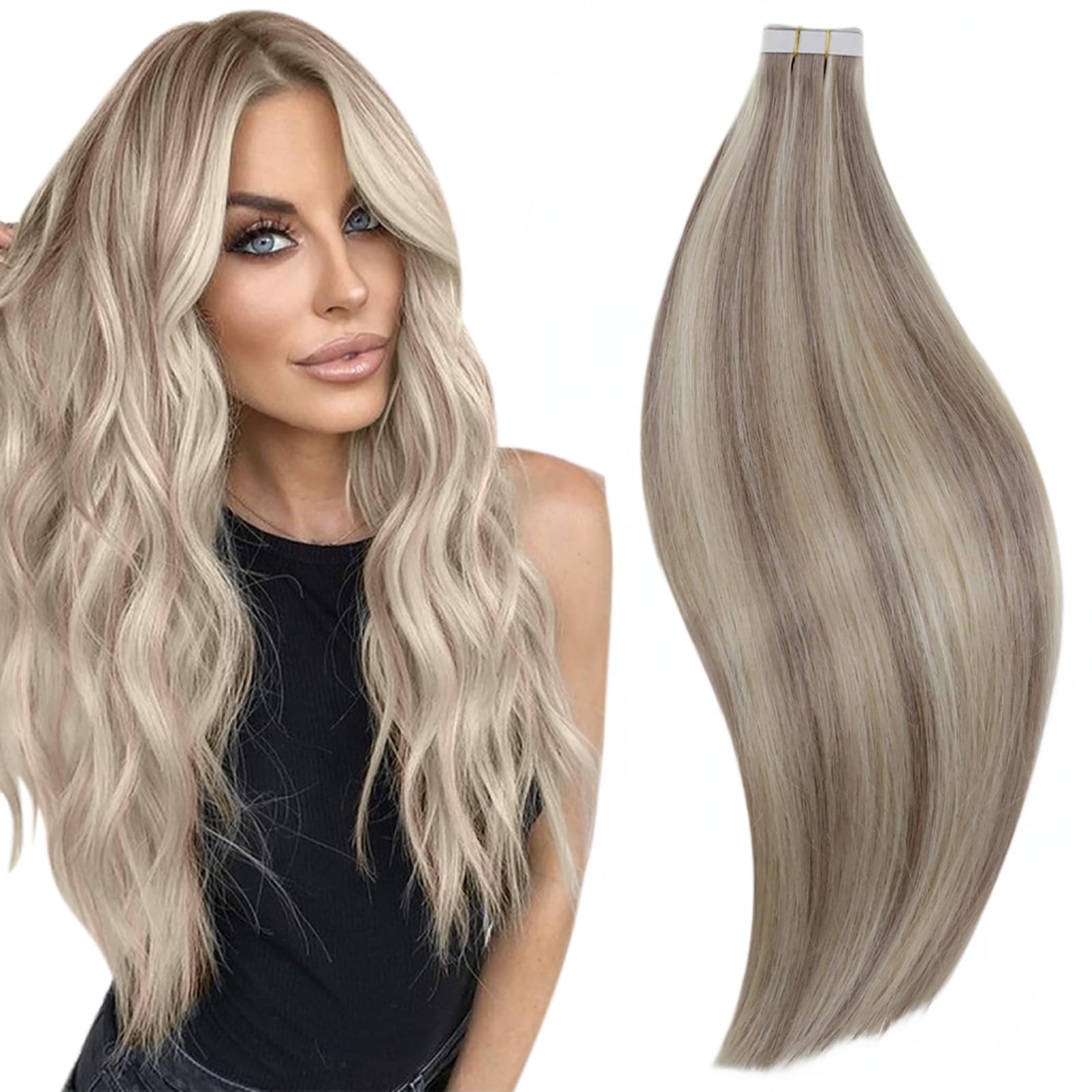 Runature Blonde Hair Extensions Tape In Real Human Hair 16 Inch Straight Invisible Tape In Hair Extensions Human Hair Grey Blond