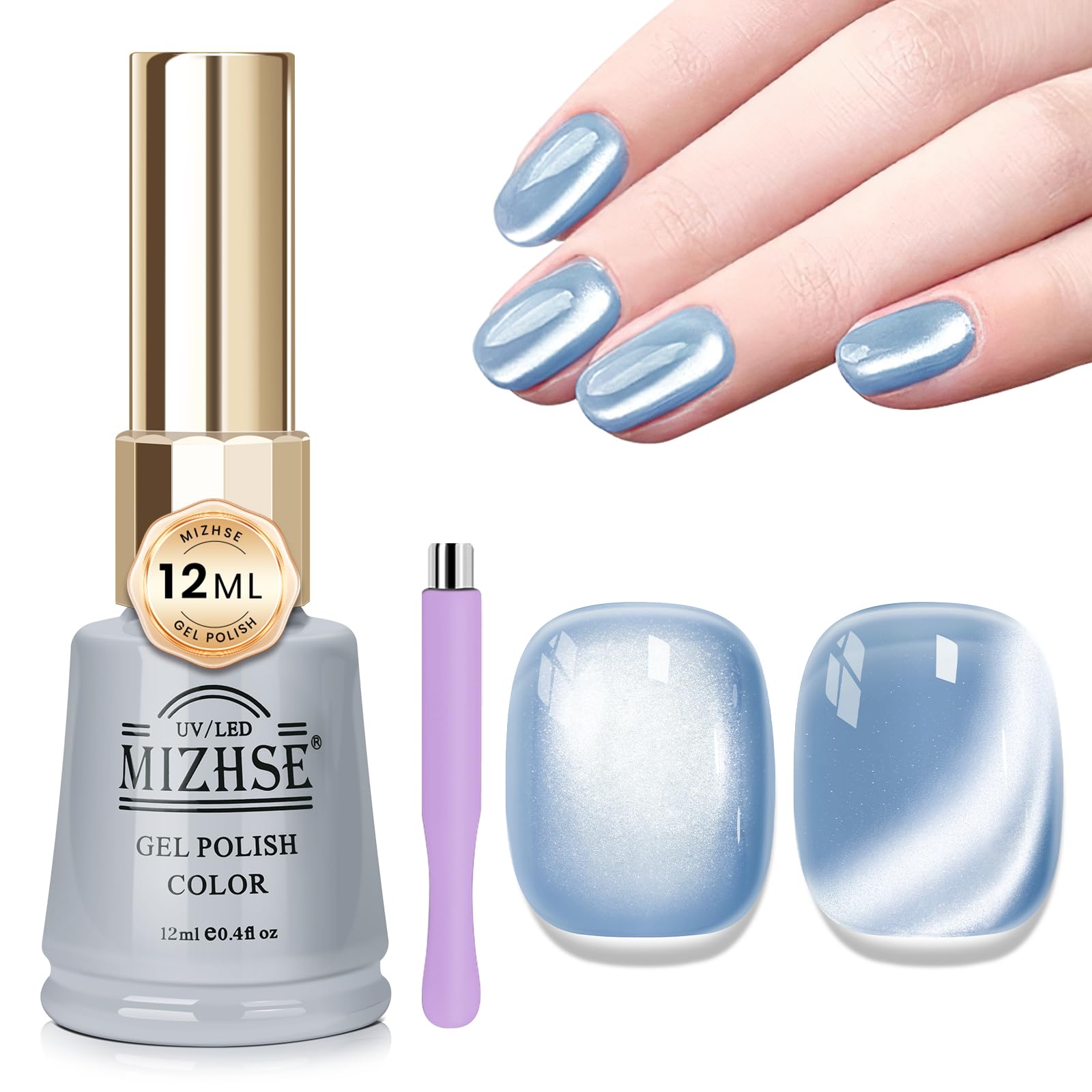 Mizhse Cat Eye Gel Nail Polish Ceramic Moonlight Magnetic Gel Polish With Magnet Stick, Crystal Glass Blue Spring Colors Smoothi