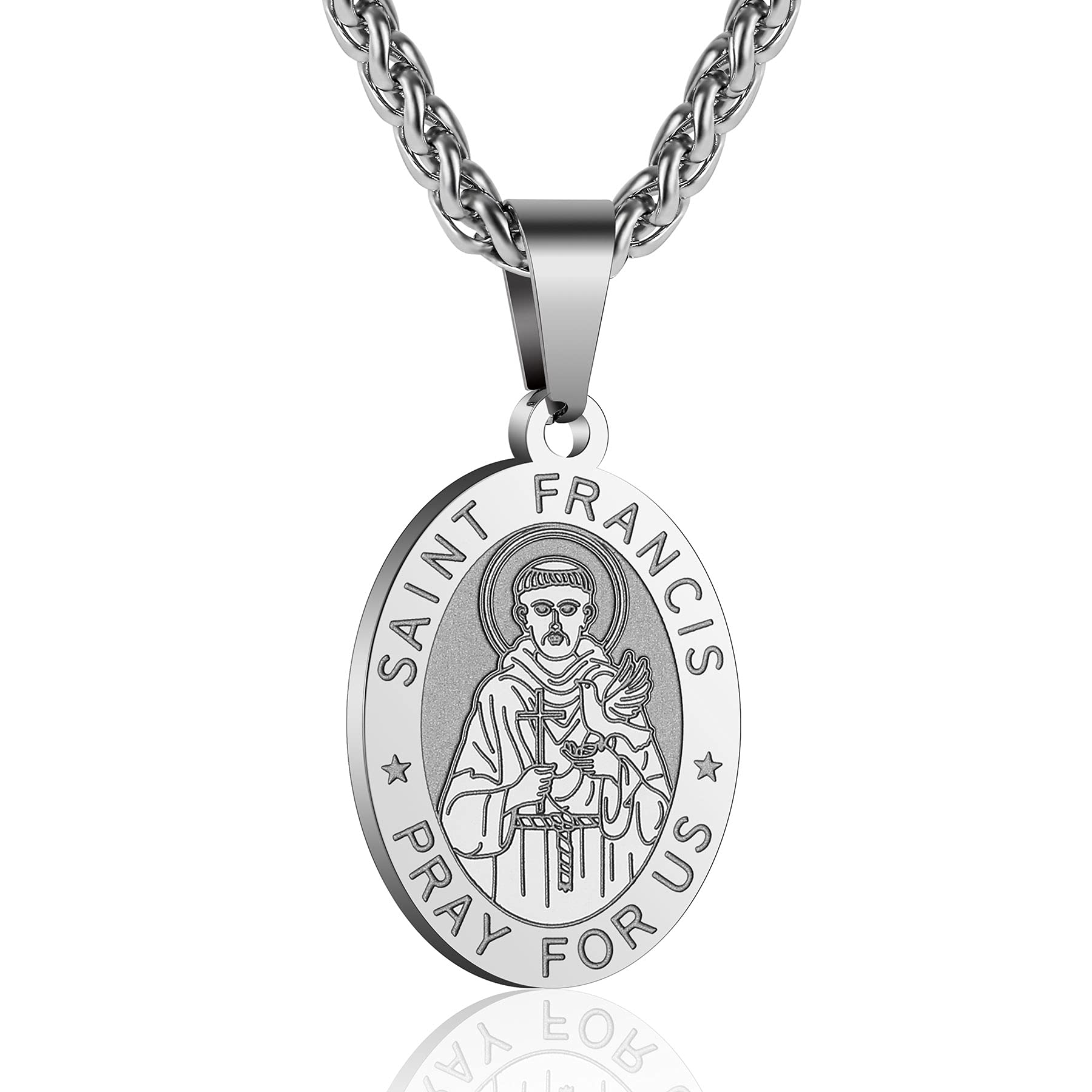 P. BLAKE Stainless Steel St Saint Francis of Assisi Medal Necklace for Men Women, Oval Catholic Patron Pendant Medallion Chain