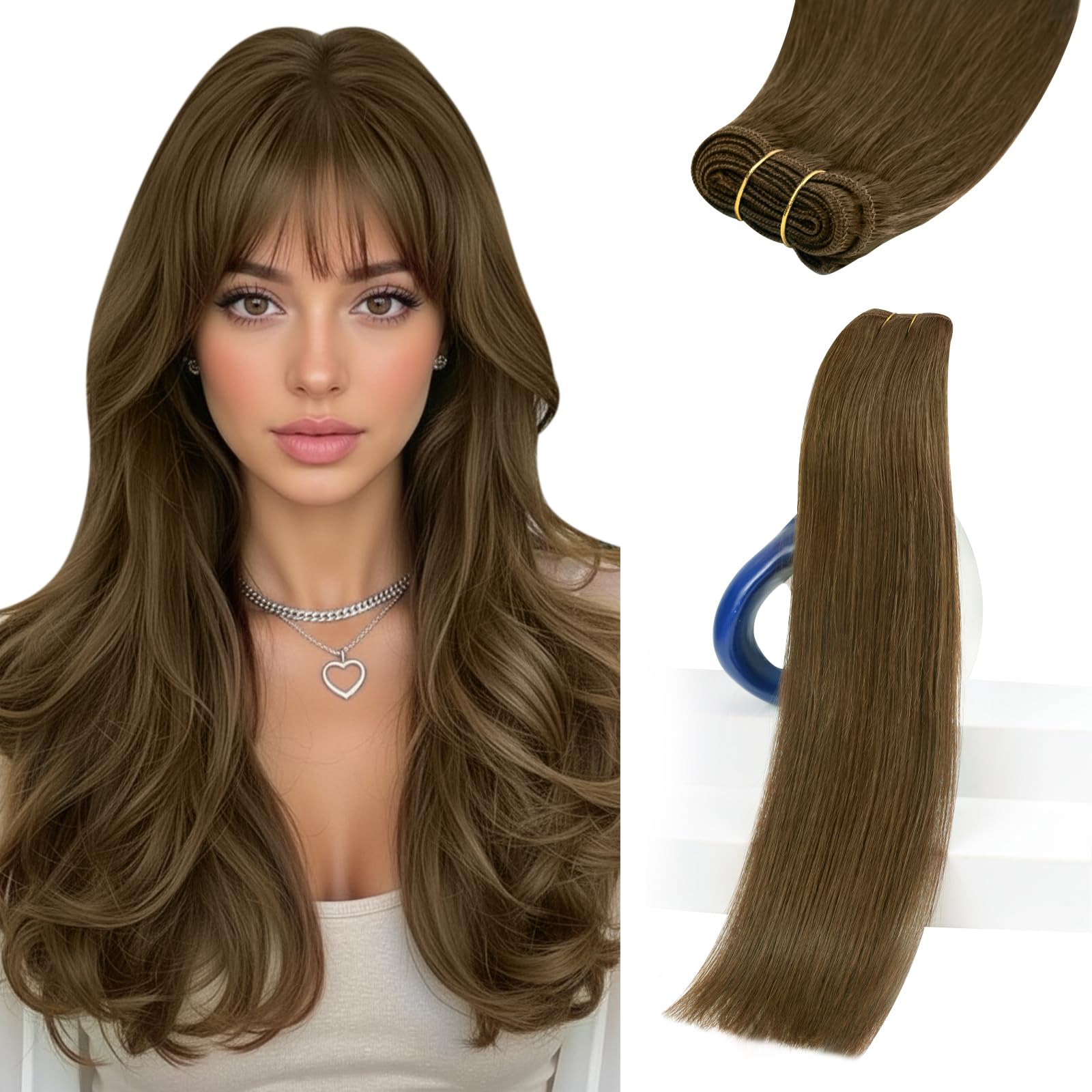 Sunny Hair Sew in Hair Extensions Real Human Hair Cool Brown Double-Wefted Bundles Silky Straight for Women Short Hand-Tied All-