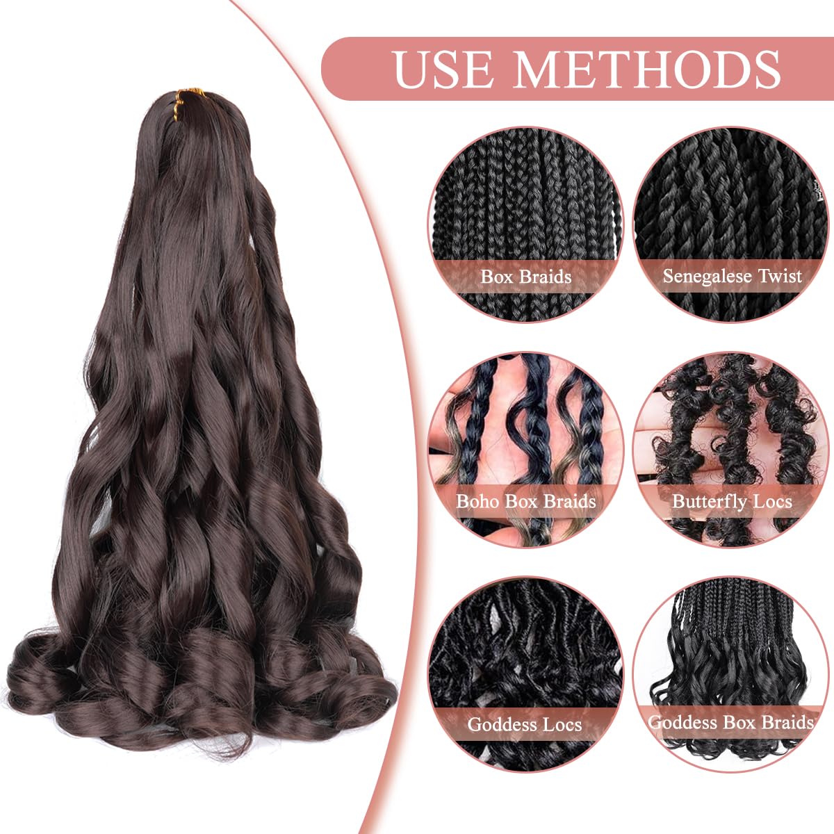 French Curl Braiding Hair 24 Inch 2 Packs #4 Brown Synthetic Loose Wave Bouncy Crochet Hair Pre Stretched 75G/Pack Curly Braidin