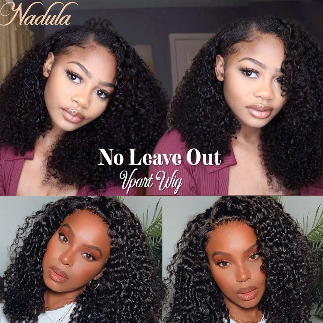 Nadula Kinky Curly V Part Wig 16 Inch Human Hair Glueless 150% Density for Women