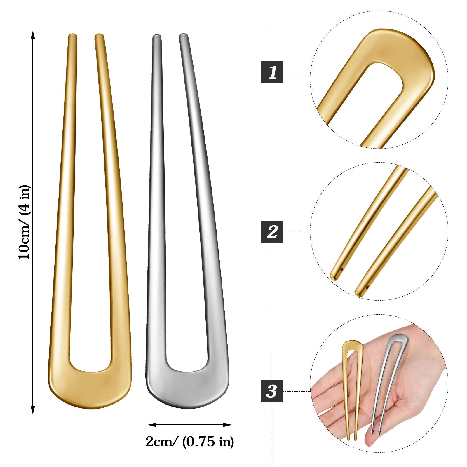 6 Pieces French Hair Pins Simple Metal U Shaped Hairpins Gold Hair Fork Sticks 2 Prong Updo Chignon Pins For Women Girls Buns Ha