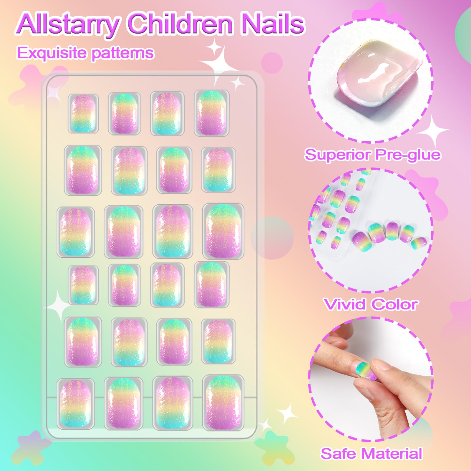 Allstarry 120Pcs 5 Pack Children Nails Press On Pre-Glue Full Cover Butterfly Stripe Gradient Short False Nail Kits Lovely Gift