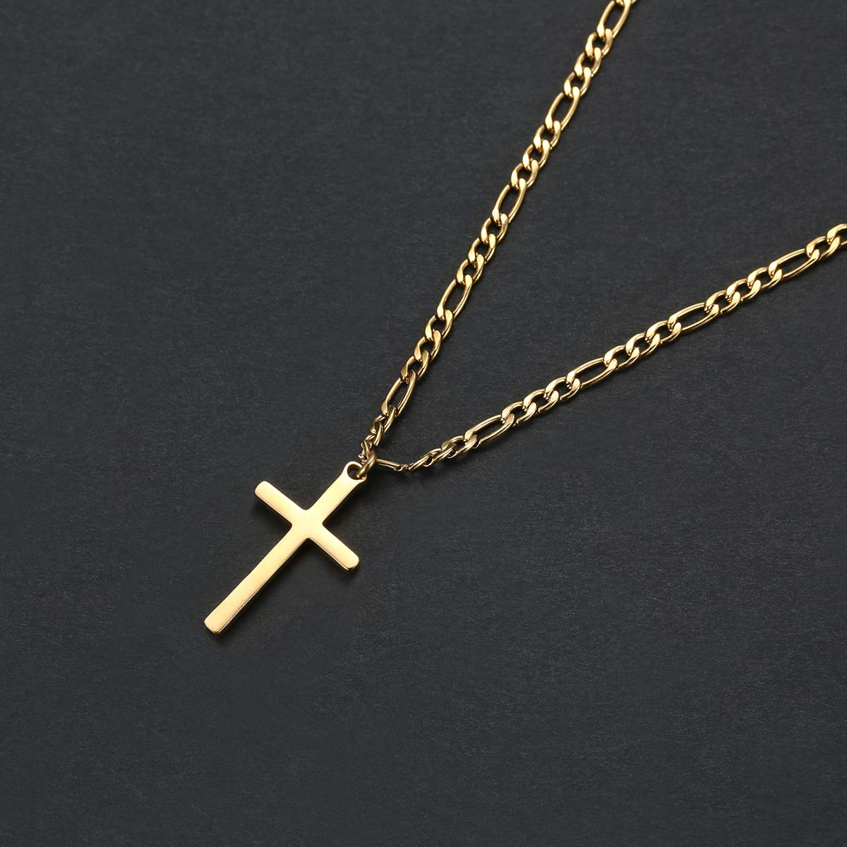 Cross Necklace for Men Polished 14K Gold Filled Stainless Steel Plain Cross Pendant Figaro Chain Necklace Simple Religious Jewel