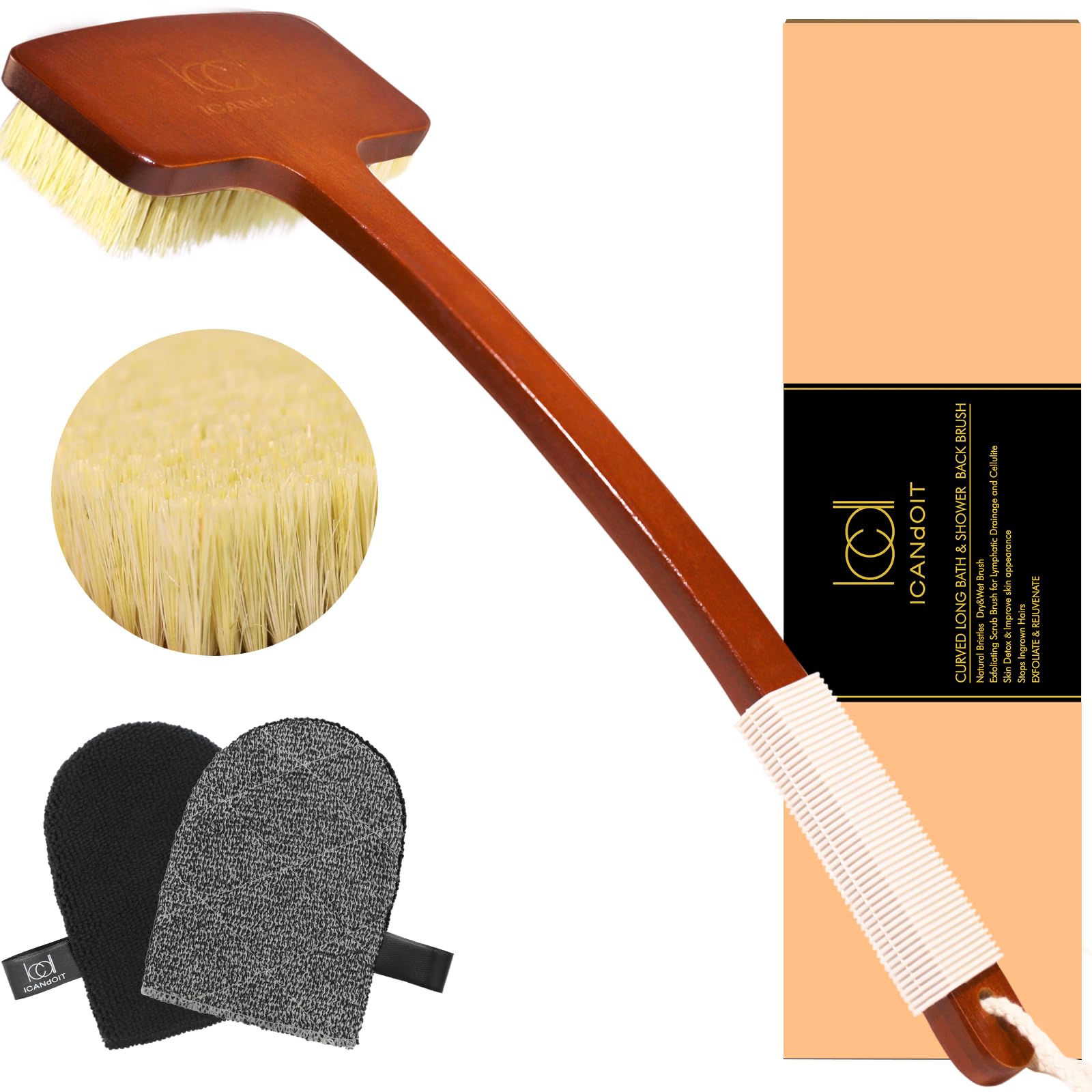 ICANdOIT Stiff Sisal Bristles Back Scrubber Set  Shower Brush with NonSlip Curved Handle and DualSided Exfoliation Glove17.7