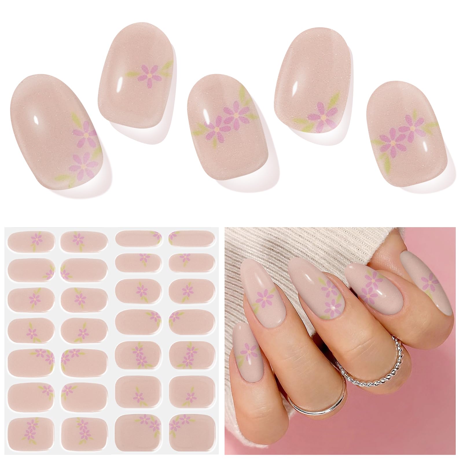 DUKASOU Semi Cured Gel Nail Strips, Wild Chrysanthemum | 28 pcs Chinese Style Gel Nail Strips Work with Any UV Lamp, Salon Quali