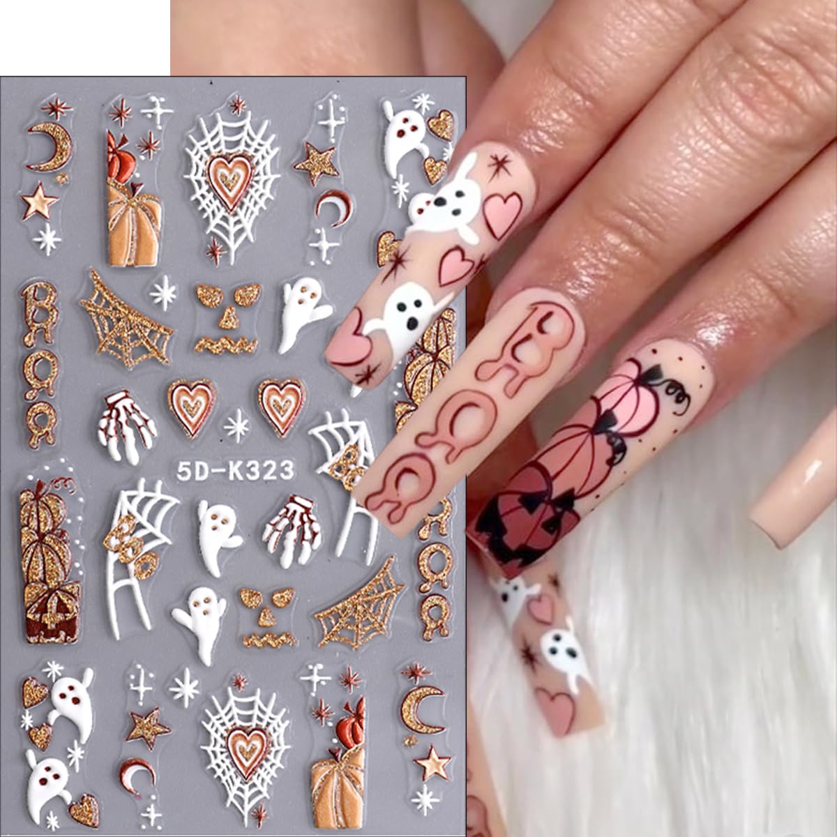 5D Halloween Nail Stickers Cute Ghost Nail Decals Self-Adhesive Pegatinas Uas Stars Moon Pumpkin Bear Fall Design Supplies Spook