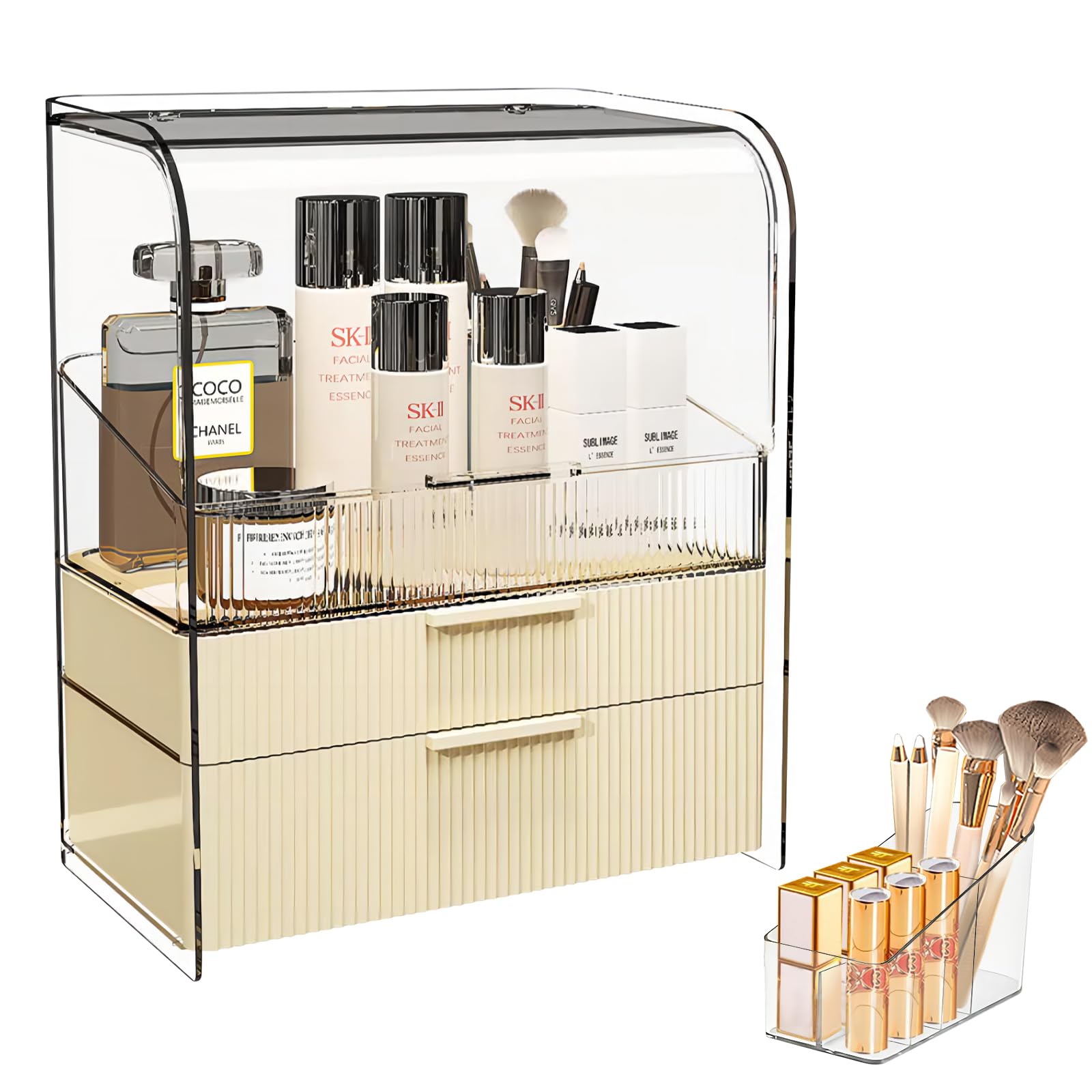 DASITON Cream Cover Dustproof Three layers Storage Box,Makeup Brush Holder,Large Capacity Desktop Storage Box with Drawer,for Be